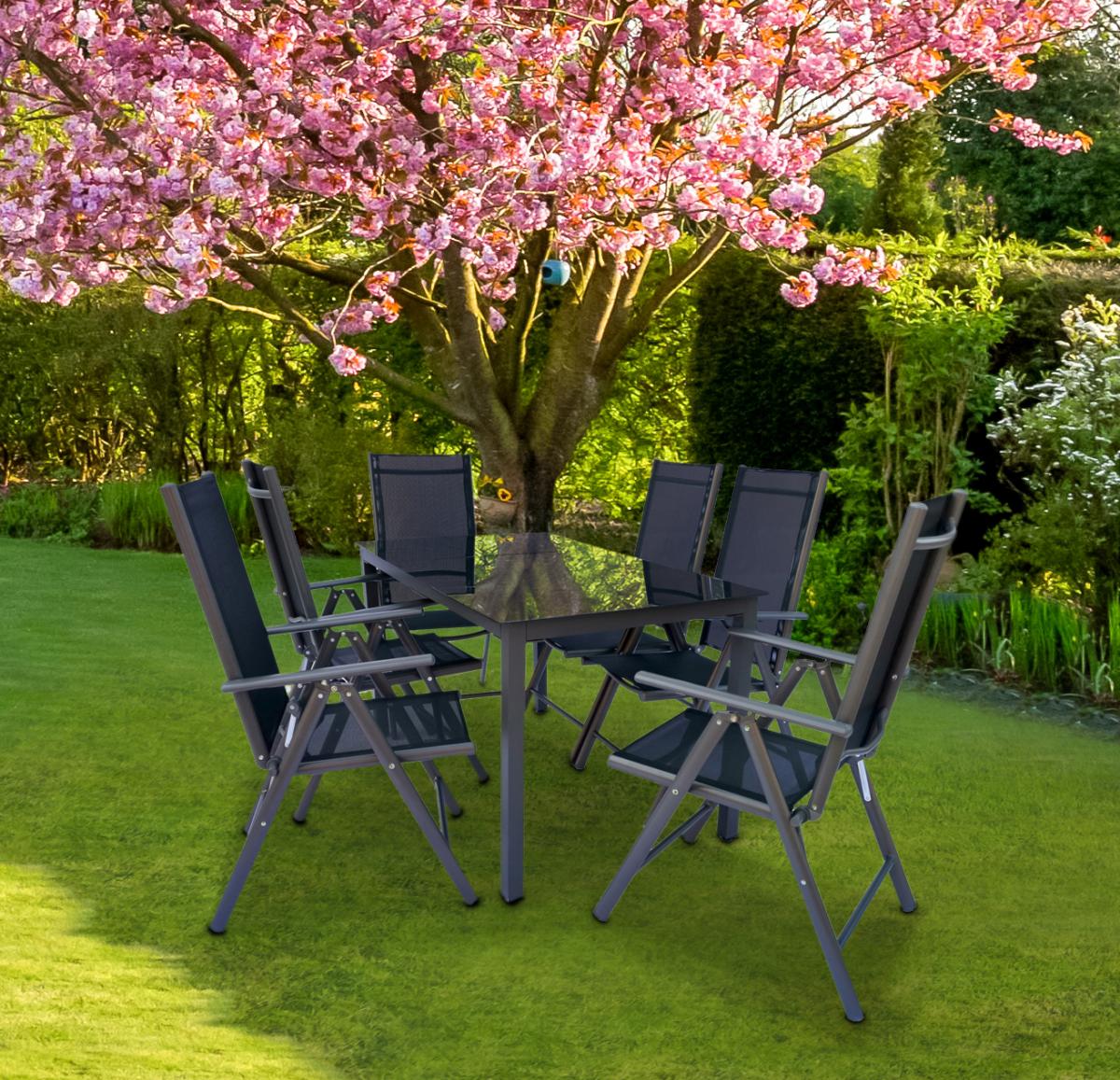 VCM Alu-Gartenset 189 Schwarzglas Tisch   6 Stühle