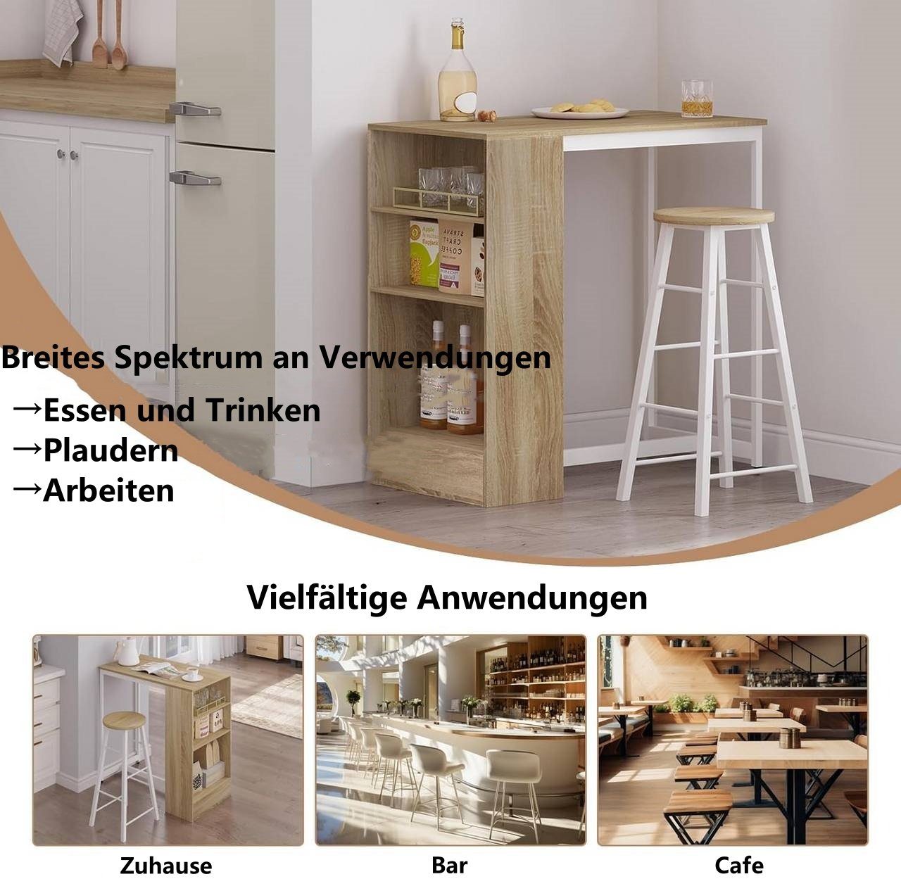 Woltu Bartisch (1-St), mit 3 Regalfächern, aus Holzwerkstoff 91x49x91 cm