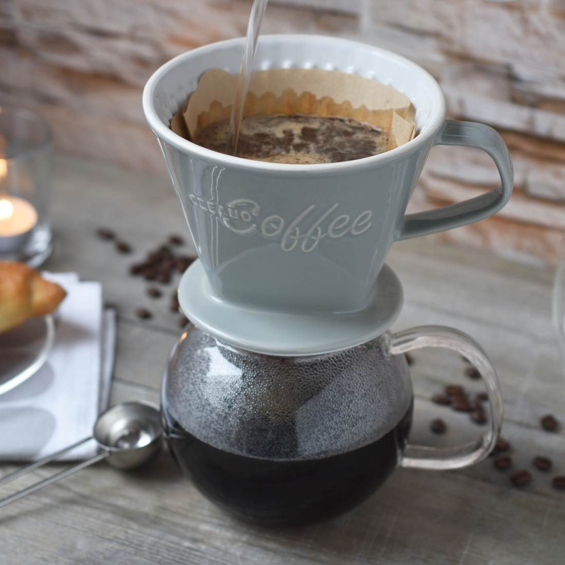 Creano French Press Kanne Creano Porzellan Kaffeefilter (Steingrau), Filter Größe 4 für Filtertü, Manuell 4