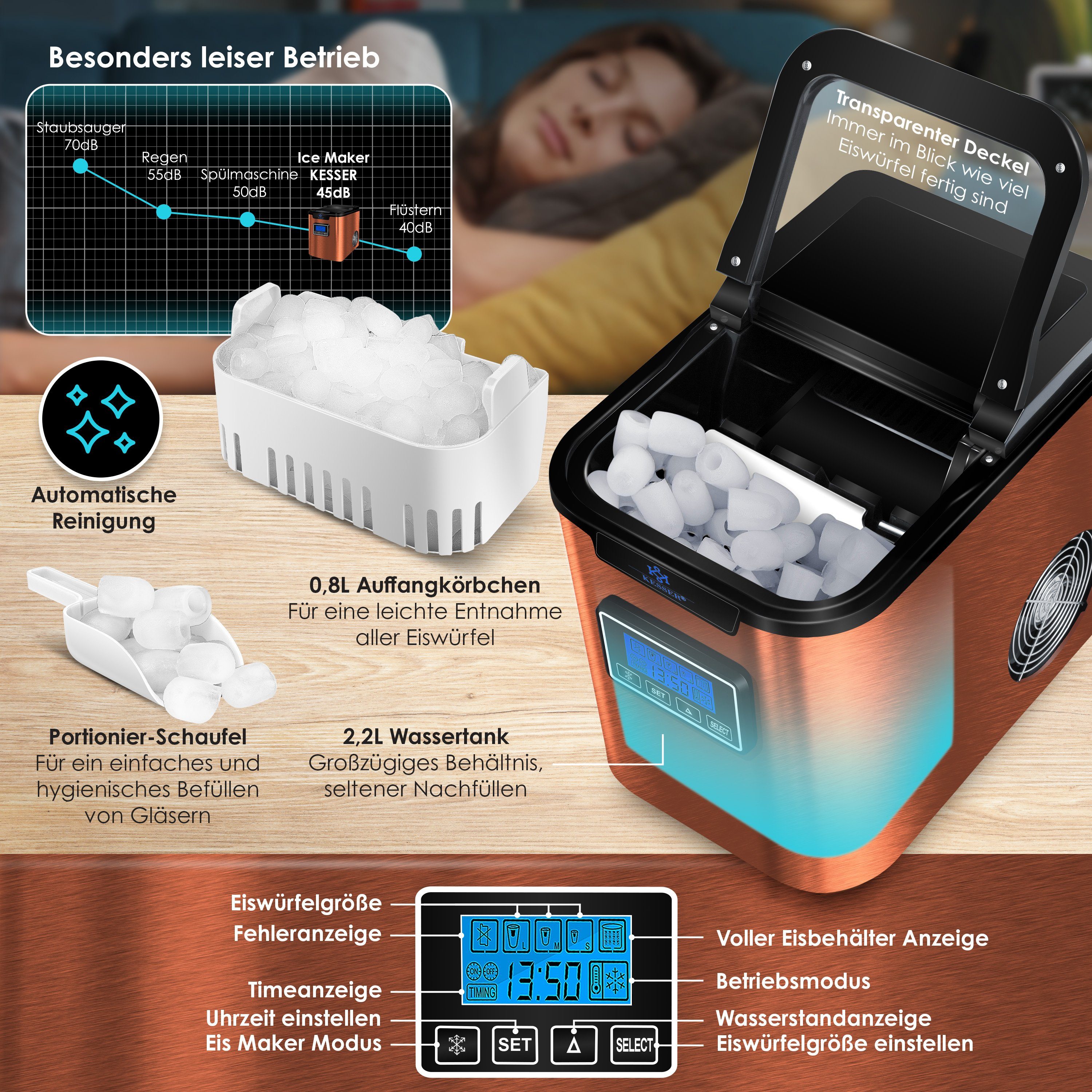 KESSER Eiswürfelmaschine, Eiswürfelbereiter Eiswürfelmaschine Edelstahl 150W Ice Maker