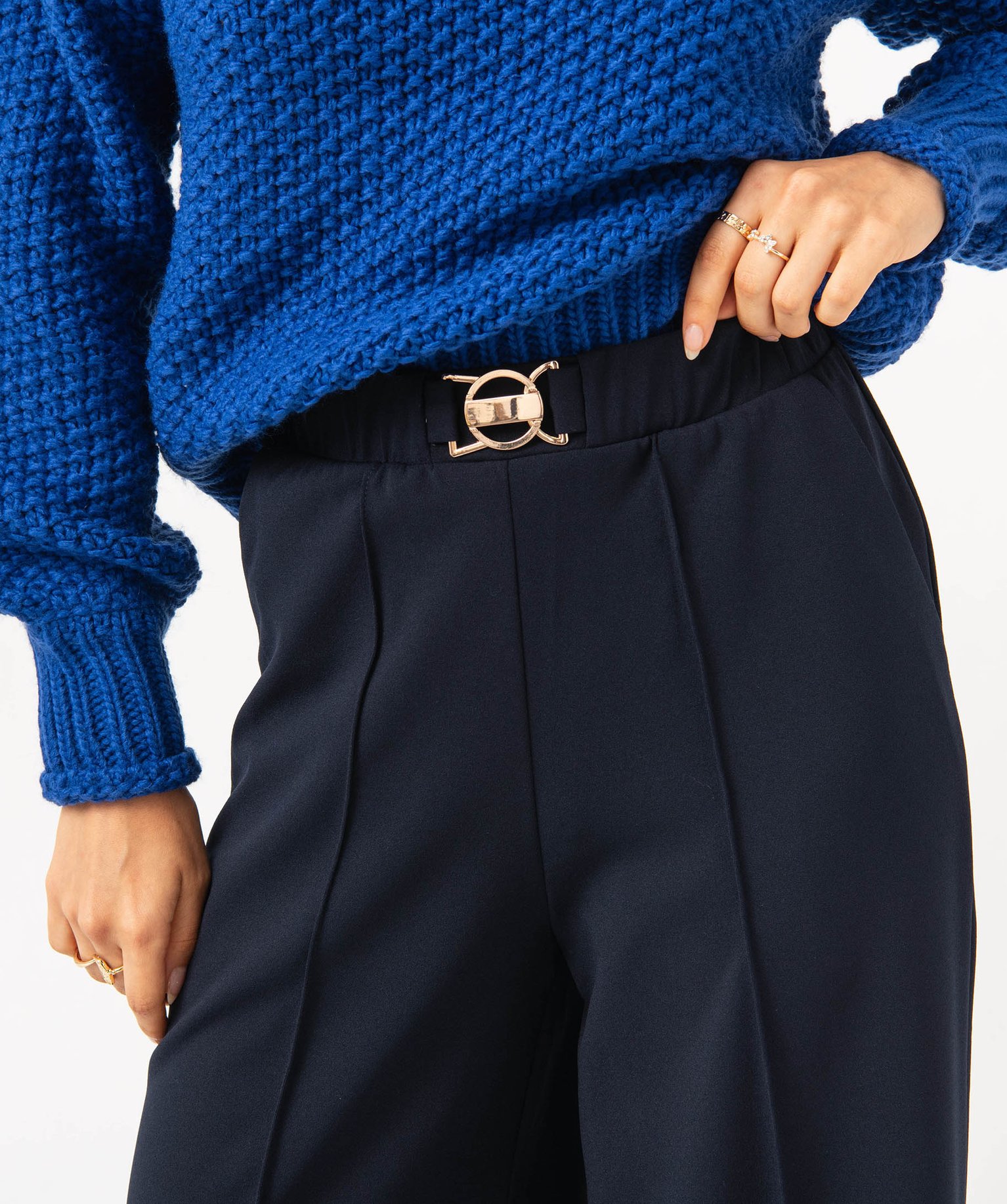 Pantalon en maille extensible avec bijou à la ceinture femme bleu fonce | GEMO