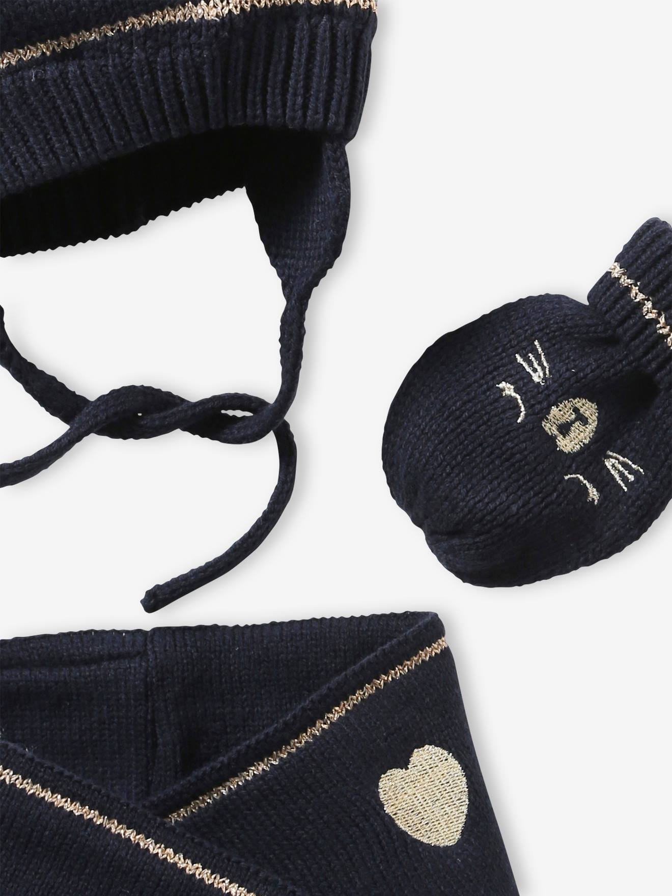 Ensemble en maille jacquard bonnet + snood + moufles bébé fille marine