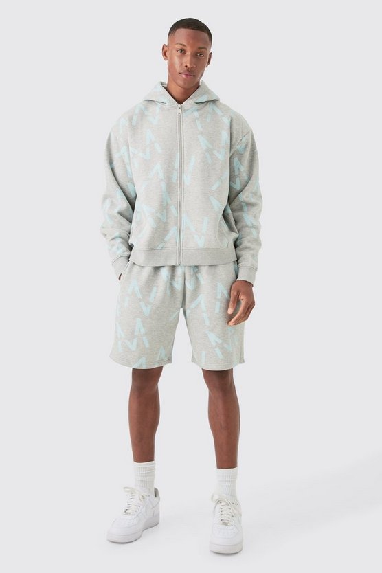 Kurzer kastiger Man Hoodie-Trainingsanzug mit Print und Reißverschluss