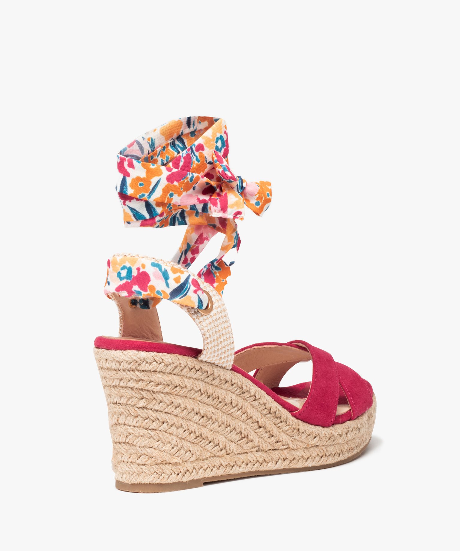 Sandales femme compensées en suédine et bride foulard fuchsia | GEMO