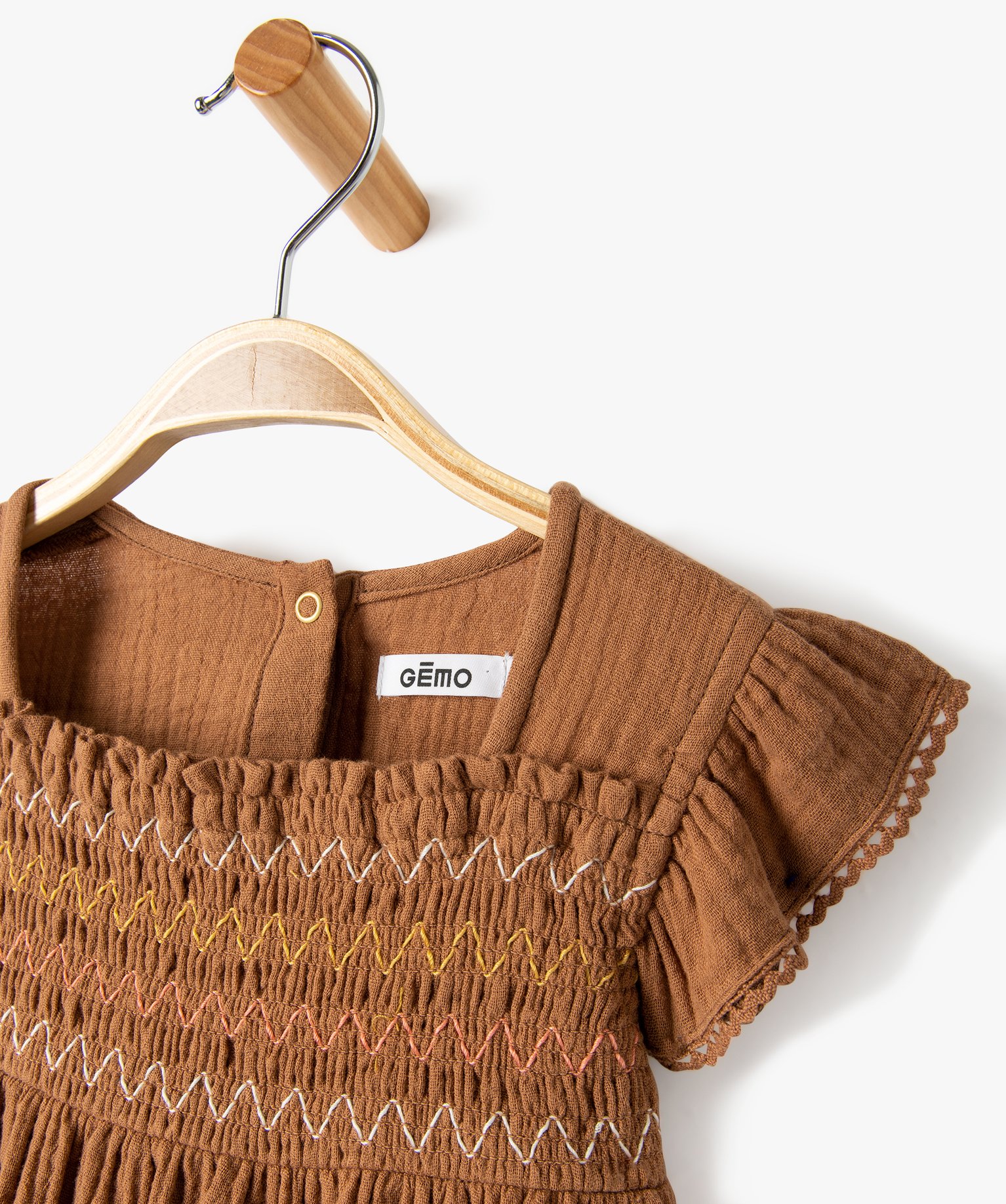 Robe bébé fille en double gaze avec smocks et volants marron | GEMO