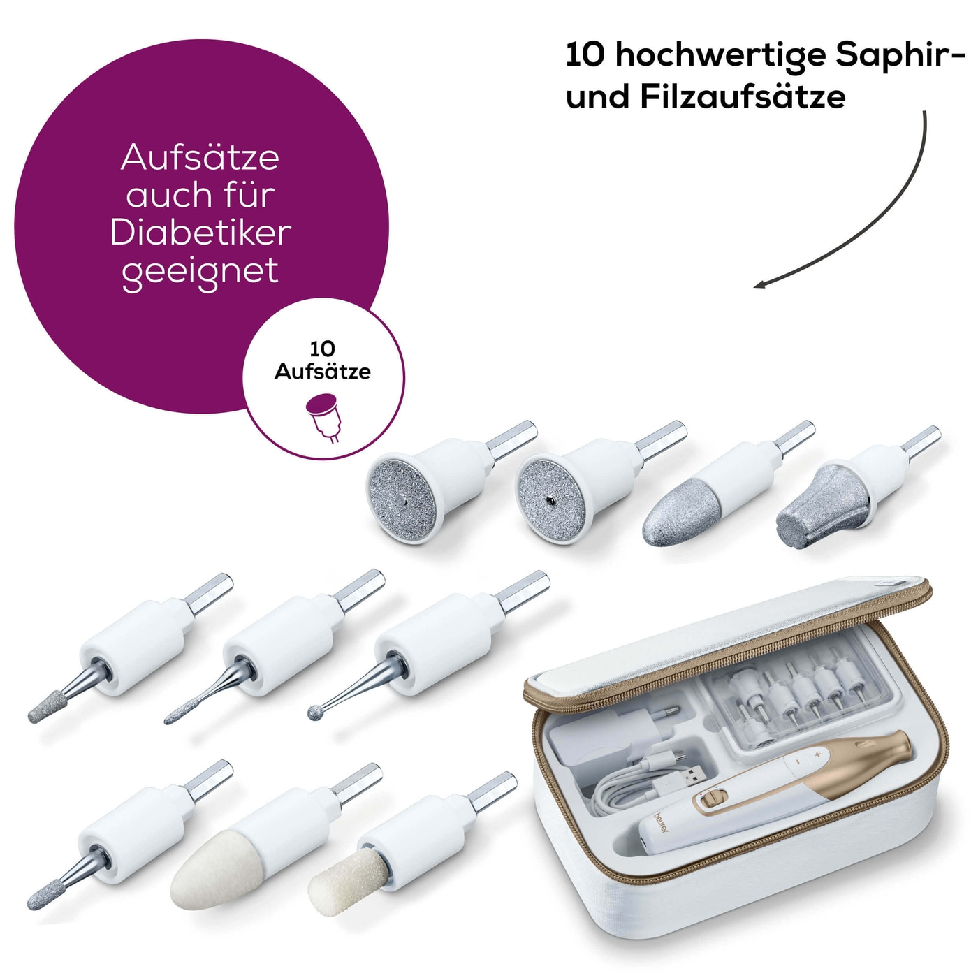 Beurer Maniküre-/Pediküre Set MP 64-Kabelloser Nagelfräser für Maniküre & Pediküre mit 10 Saphir- & Filzaufsätzen