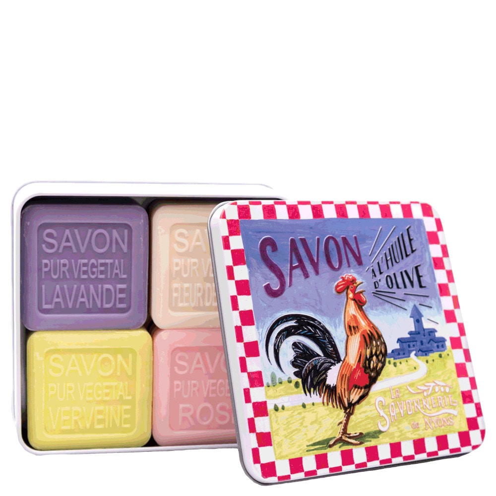La savonnerie de nyons Coffret de 4 Savons (Lavande, Verveine,Fleur de Coton, Rose) Coq Savon