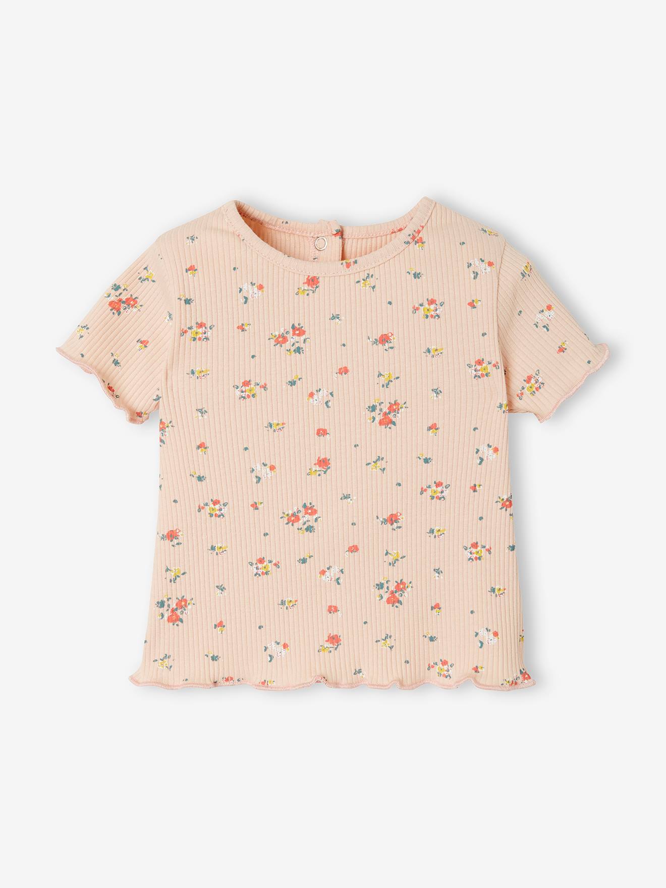 T-shirt à fleurs en maille côtelée bébé rose grisé imprimé