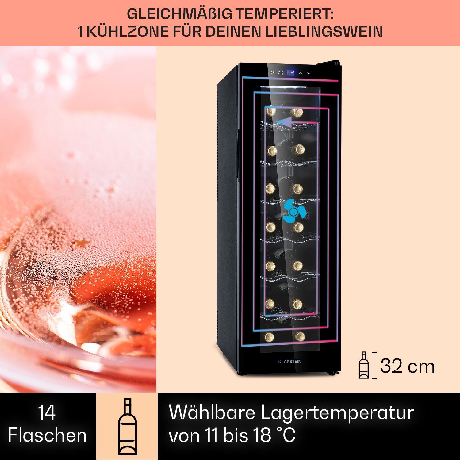 Klarstein Weinkühlschrank Barolo slim 14 Uno, für 14 Standardflaschen á 0,75l,Wein Flaschenkühlschrank Weintemperierschrank Weinschrank Kühlschrank