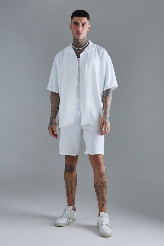 Tall kurzärmliges Oversize Leinen-Hemd & Shorts in Weiß