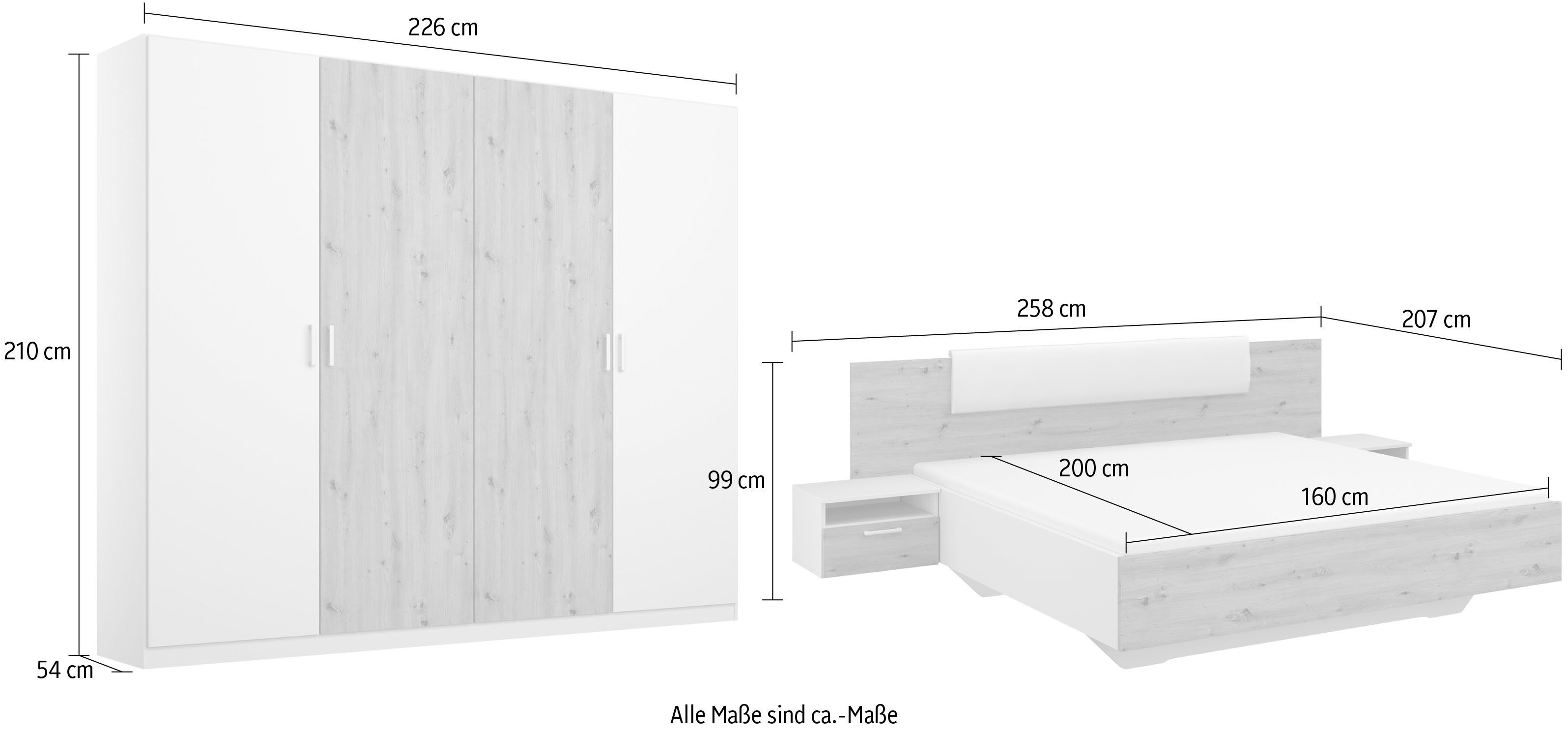 rauch Schlafzimmer-Set Miro, Drehtürenschrank in 2 Breiten, Bett in 2 Größen und 2 Hängenachttische