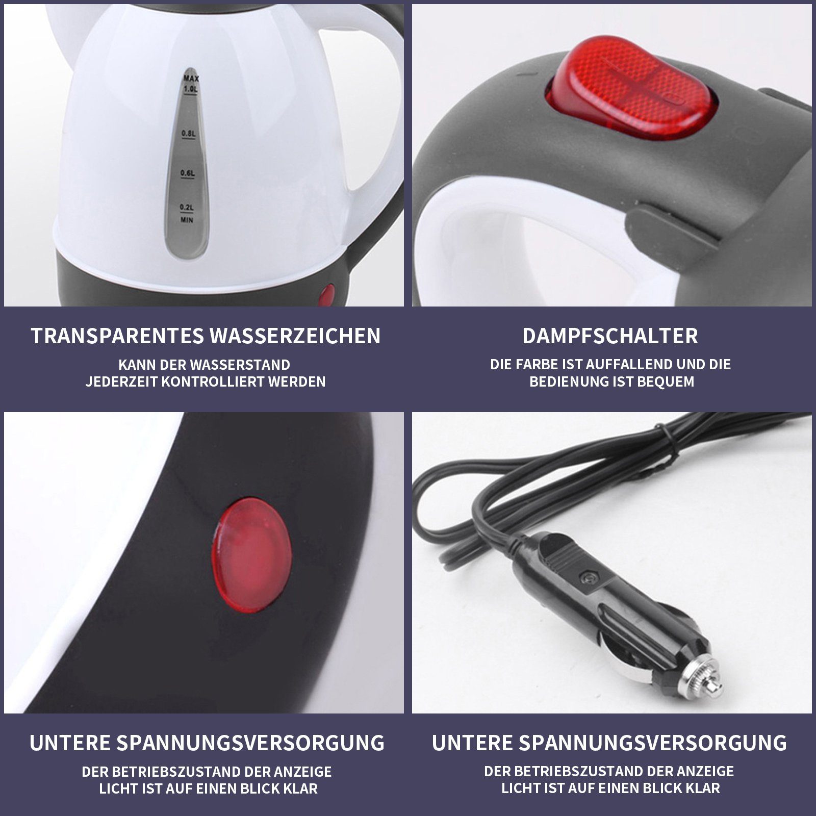 TWSOUL Wasserkessel 12V 150W Weißes Auto Tragbares Auto Ausschalten Wasserkocher1 Liter, Rostfreier Stahl, Auto-Wasserkocher