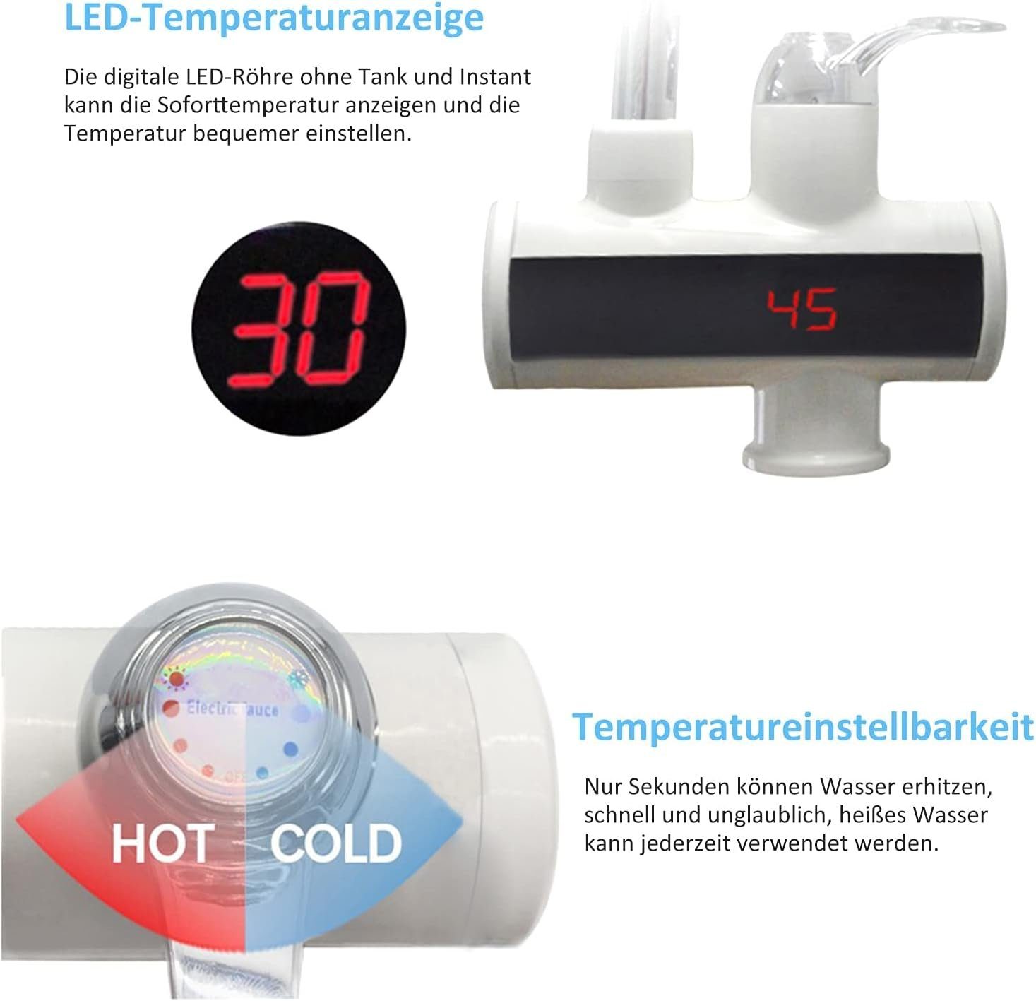Daskoo Durchlauferhitzer Elektrisch Temperaturanzeige einstellbar schwenkbar Wasserhähnen, max 60,00 °C, Temperaturanzeige 50-60 ℃,IPX4 Küchenarmatur