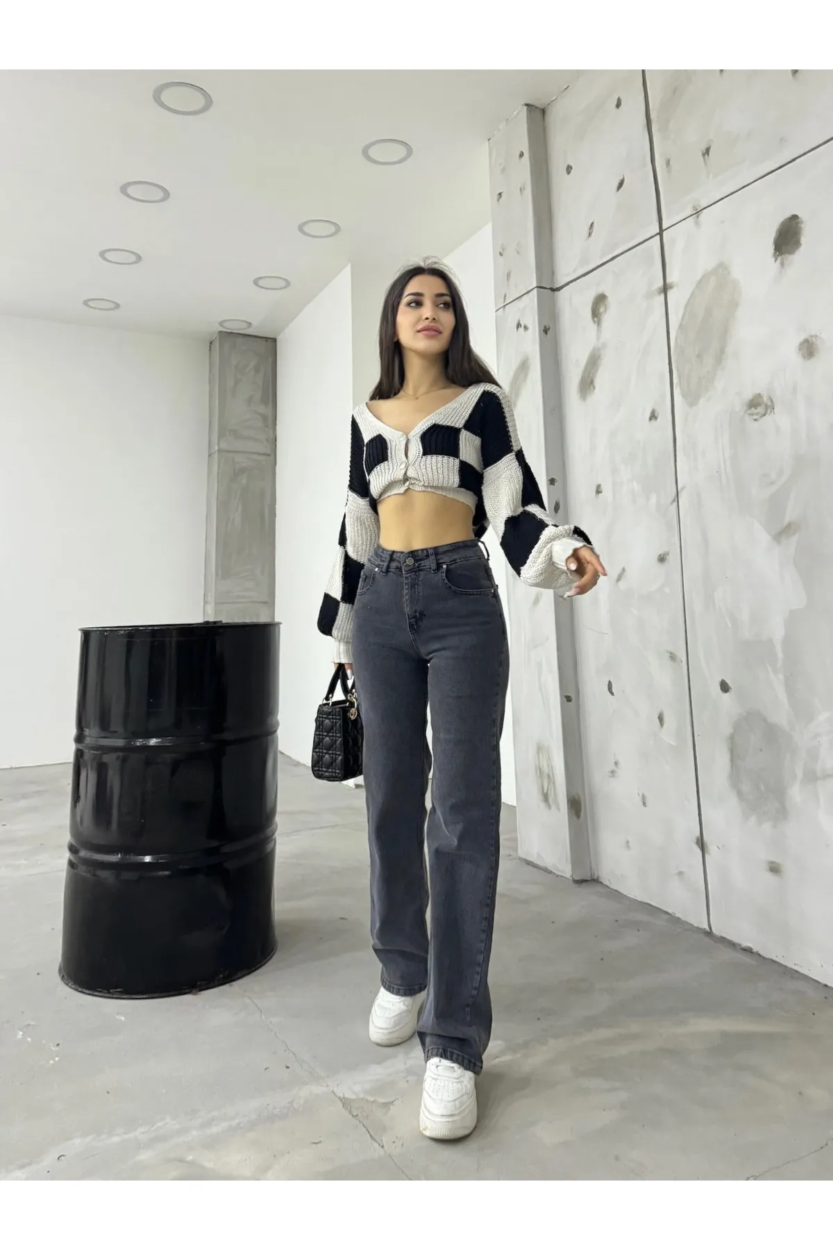 BİKELİFE  Graue Damen-Palazzo-Jeans mit hoher Taille und weitem Bein, locker und lässig