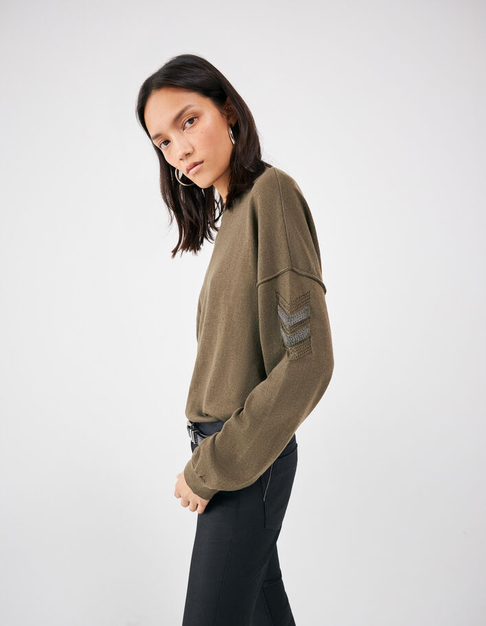 Pull kaki col bateau chevron bijou et jeux de point femme