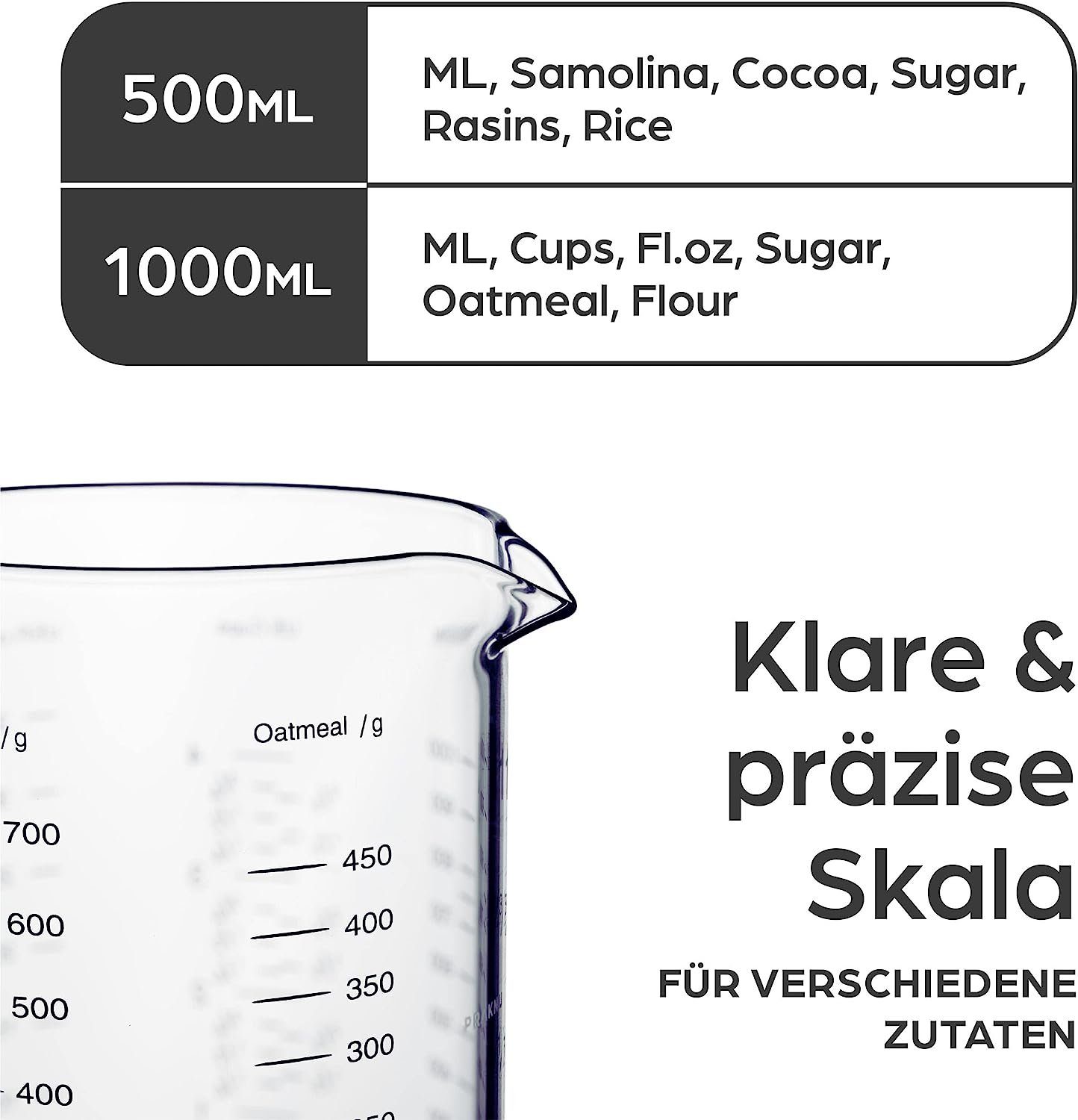 Praknu Messbecher Messbecher Set Glas 500/1000ml, Borosilikatglas, (Set)