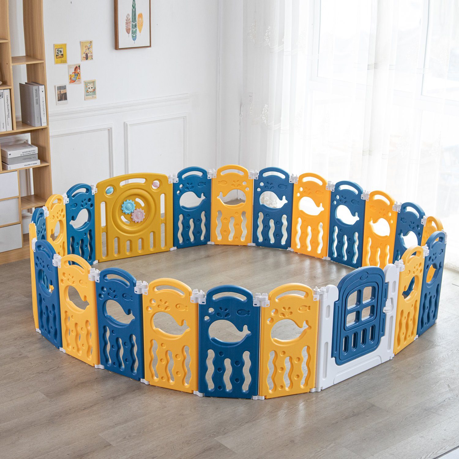 IKIDO Laufgitter Laufstall Baby Laufgitter (faltbar Absperrgitter mit Rutschfester Basis Krabbelgitter mit Tür), Spielplatz, mit Schloss, HDPE Material, freie Kombination