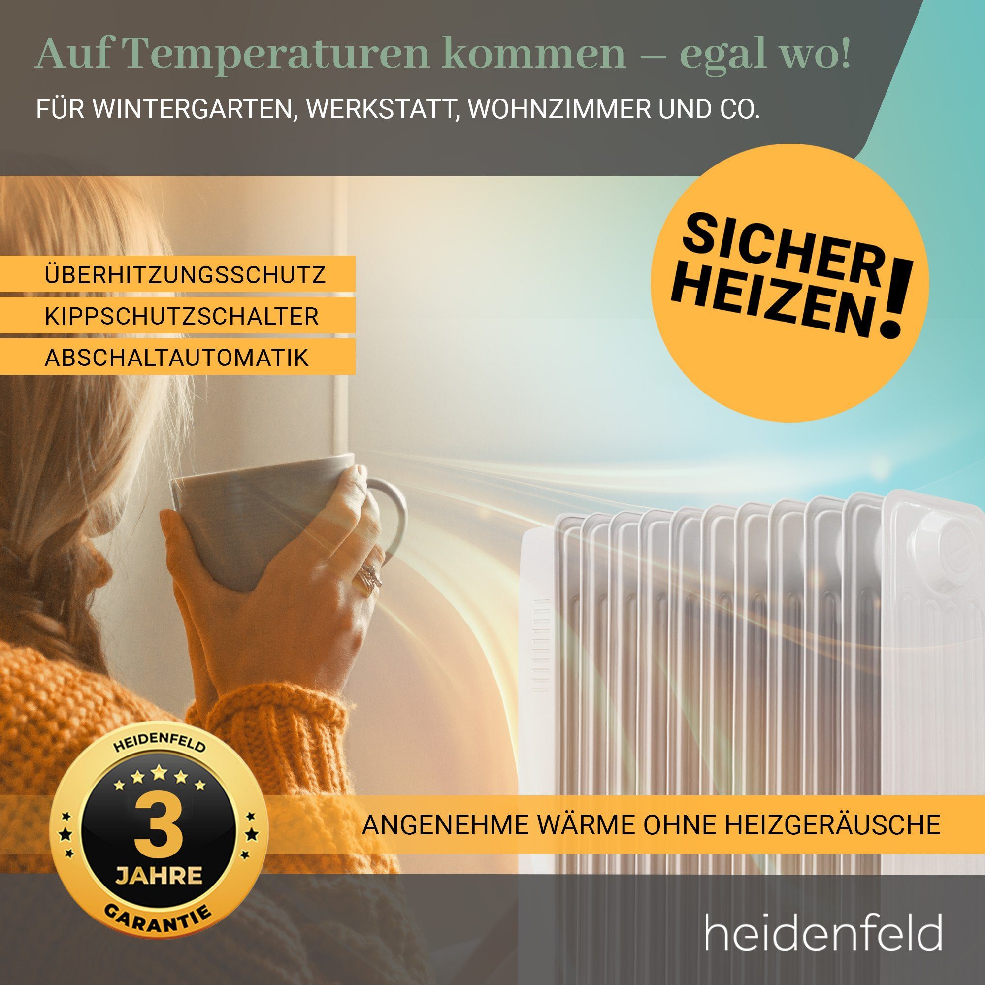 Heidenfeld Ölradiator Mobiler Elektro Heizkörper ÖR200 Heizung inkl. 3 J. Garantie, 2500 W, Thermostat - Heizstrahler - Elektroheizung - Heizlüfter