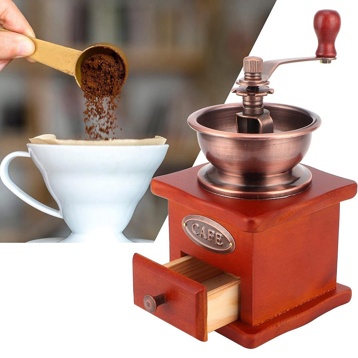 götäzer Kaffeemühle Kleine Handkurbel-Kaffeemühle Mahlwerk Bohnenmaschine, Retro-Stil, manuell, geeignet für Tropfkaffee-French-Press