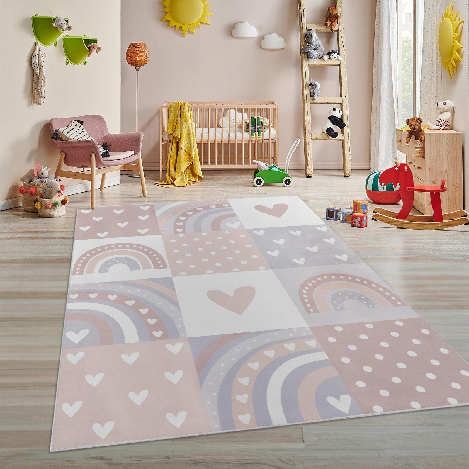 Kinderteppich Tara Kids Fresh Rainbow, TaraCarpet, rechteckig, Höhe: 5 mm, Kinderzimmer Jugendzimmer Regenbogen rosa Herzen Mädchen 080X150 cm
