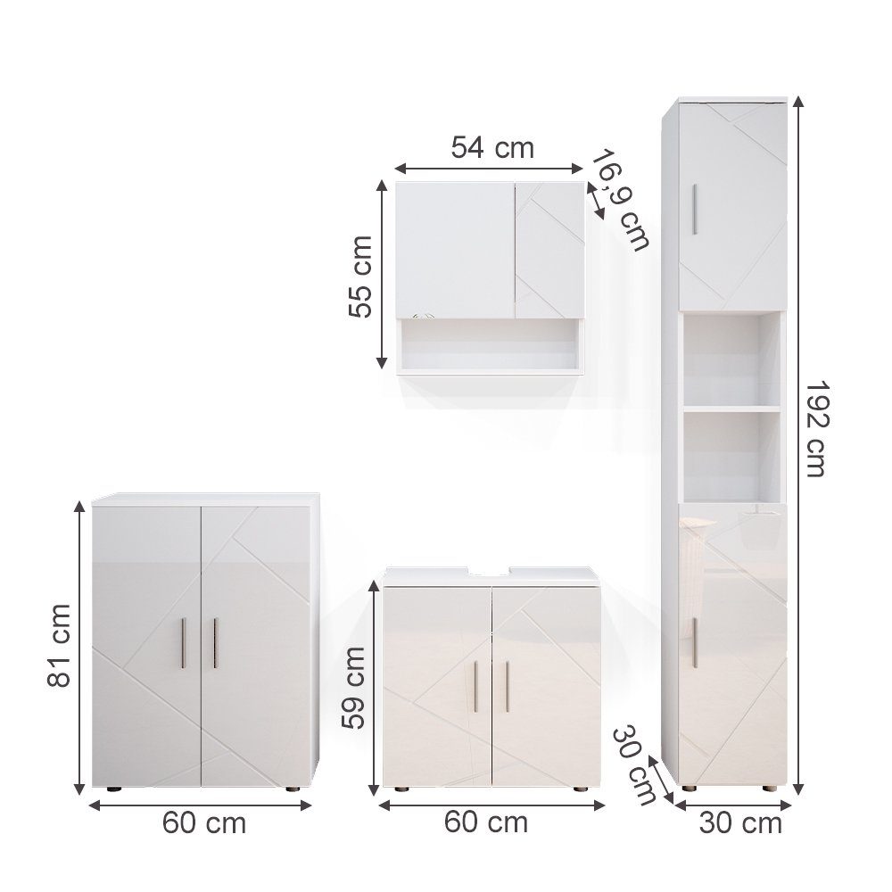 Vicco Badmöbel-Set Badezimmerset IRMA Weiß Hochglanz Set 4, (4-er Set, 4-St., 4-er Set)