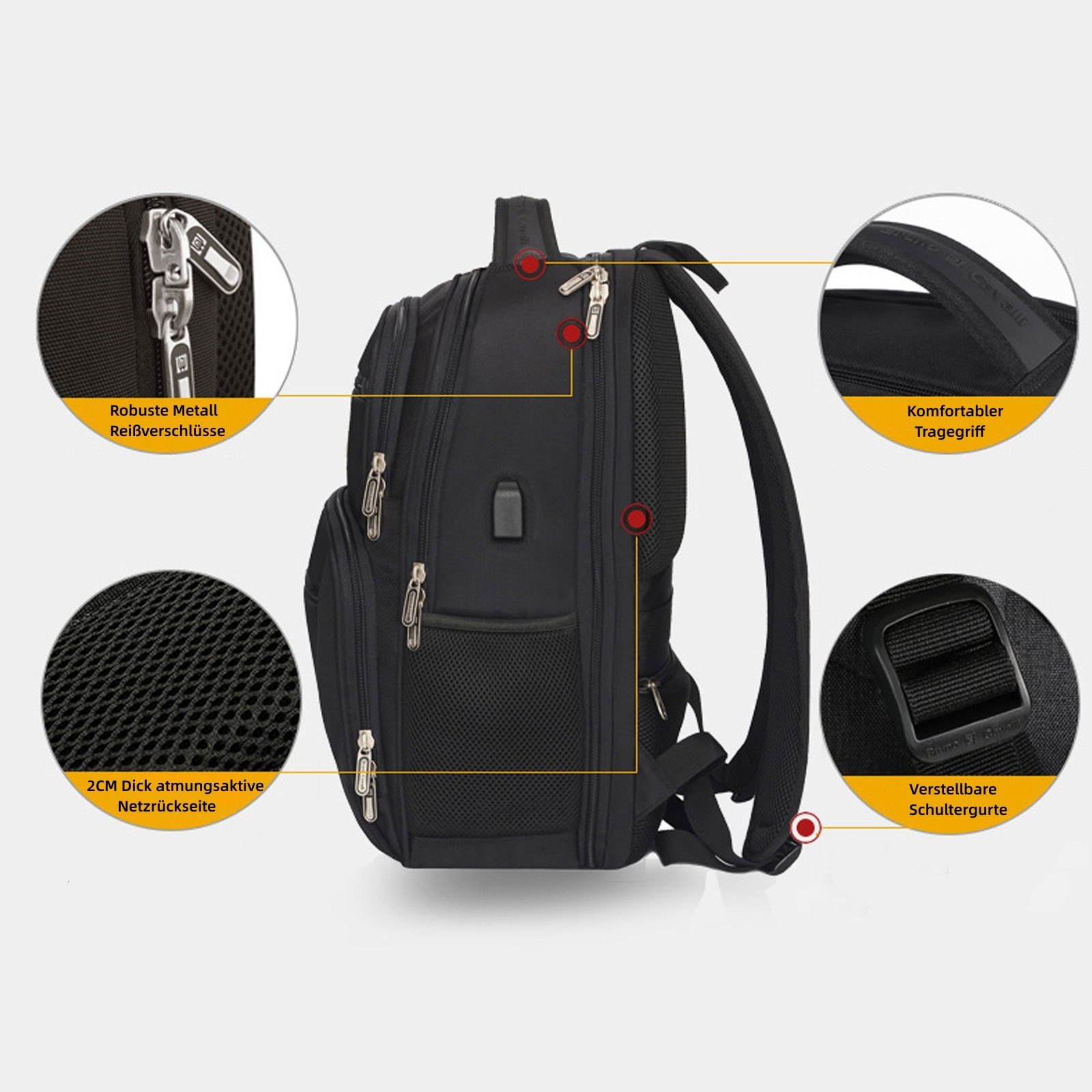 WISHDOR Laptoprucksack Laptop Rucksack Rucksäcke Schulrucksack Wasserbeständig Laptoptasche (Notebook Laptop Tasche Schule Uni Rucksack, mit USB-Lade-Anschluss, Anti-Diebstahl, Backpack mit Laptopfach), für Herren Damen Jungen Teenager Freizeit Arbei