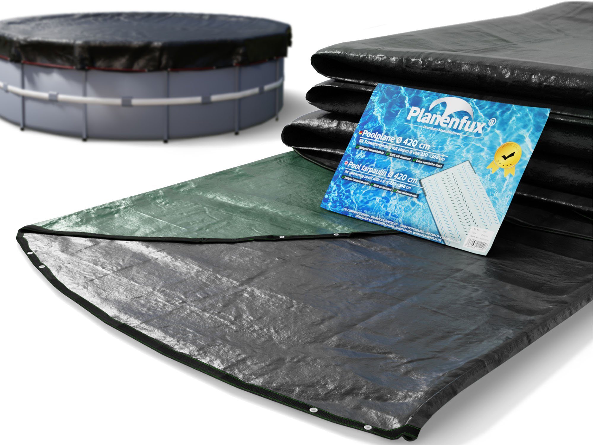 Planenfux® Pool-Abdeckplane Beidseitig nutzbare 2-in-1 Poolplane für Rundpools (Set), Ø 320 - 366 cm Poolabdeckung für runde Pools aus UV-resistentem 200g/m² PE Material