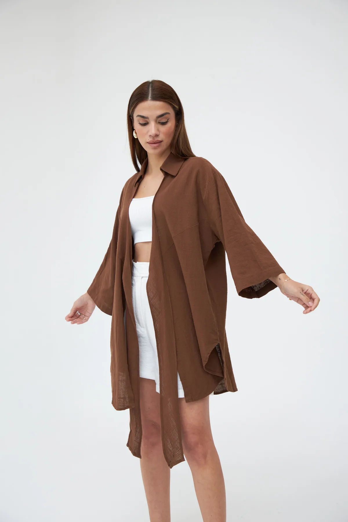 Laluvia  Coffee Flam Leinen-Kimono-Shirt