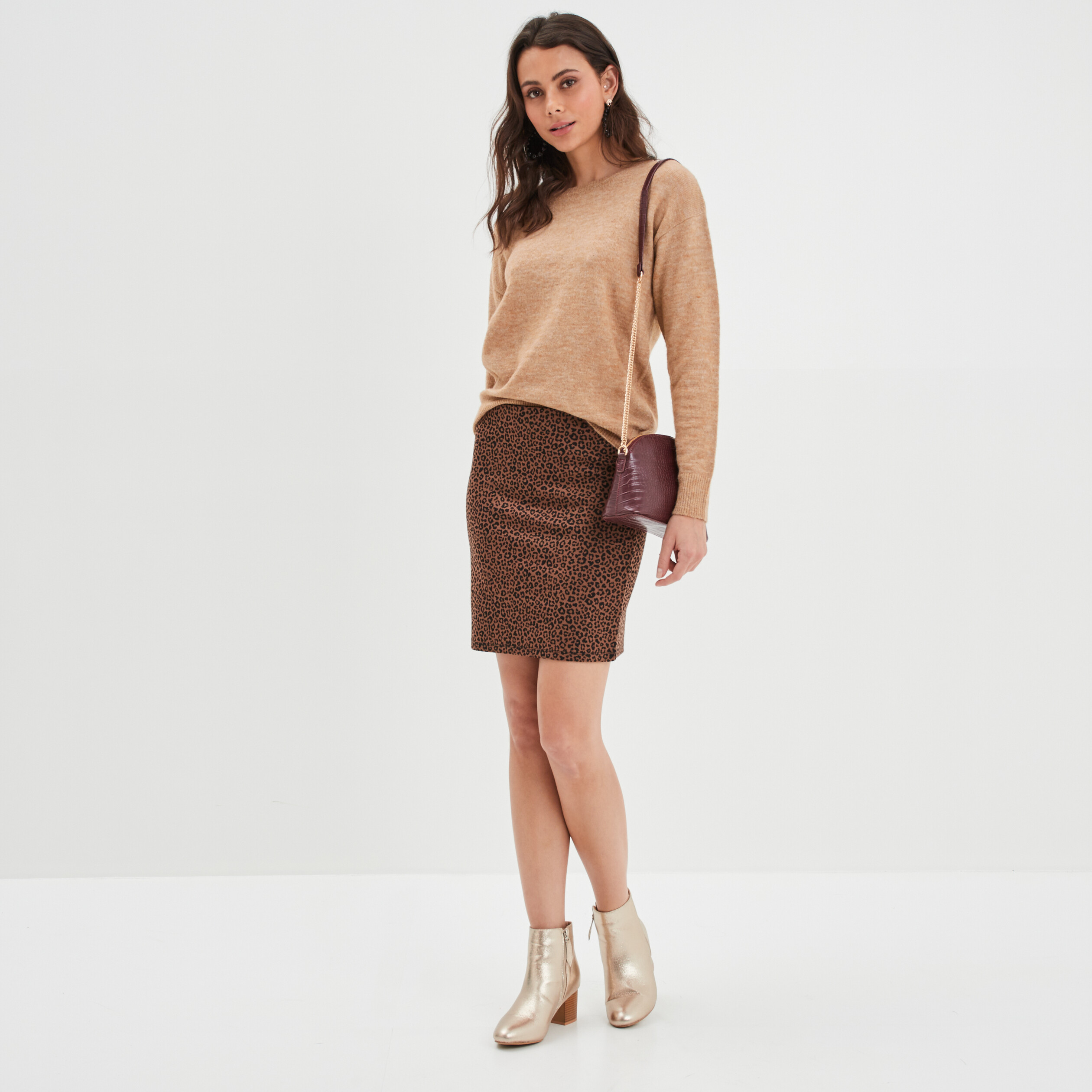 Pull col rond manches longues marron clair femme | La Halle