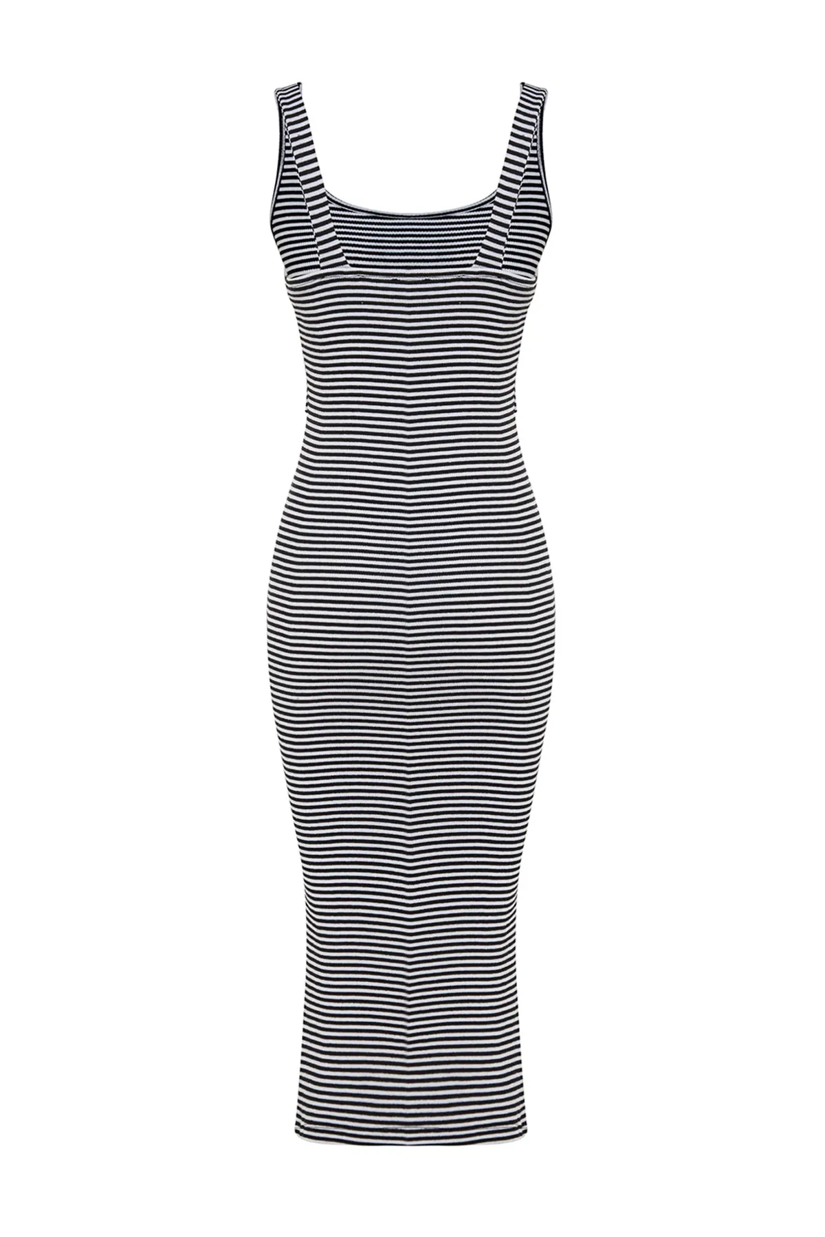 Trendyol Collection  Schwarz gestreiftes, tailliertes, geripptes, dehnbares Midi-Strickkleid mit Pool-Ausschnitt TWOSS23EL00370