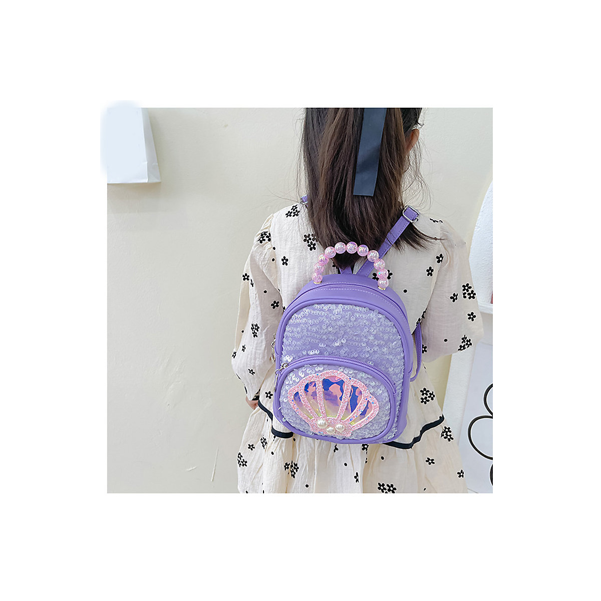 Pailletten-Rucksack mit Muschel für Mädchen Verstellbarer Schultergurt