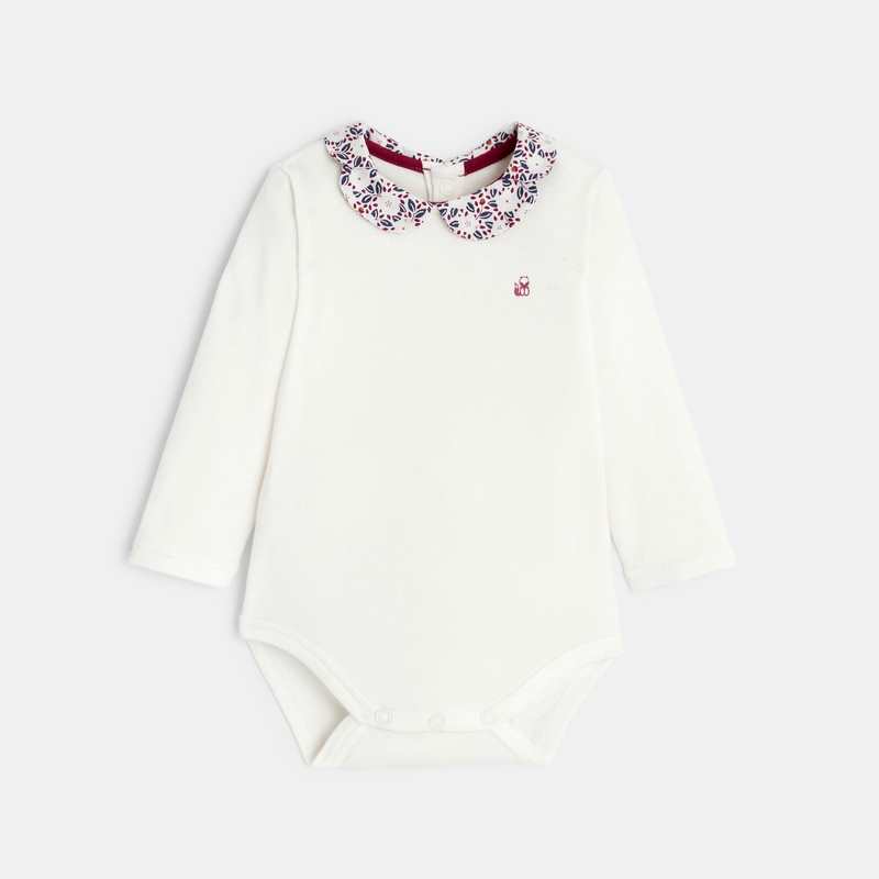 Salopette en velours et body petit col fleuri rose naissance