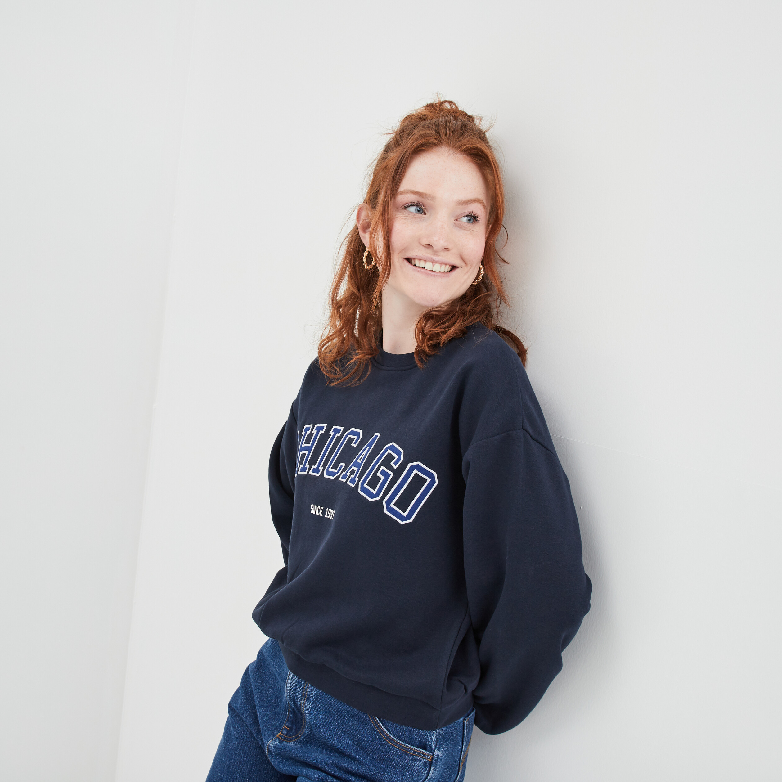 Sweat col rond manches courtes Creeks bleu marine femme | La Halle