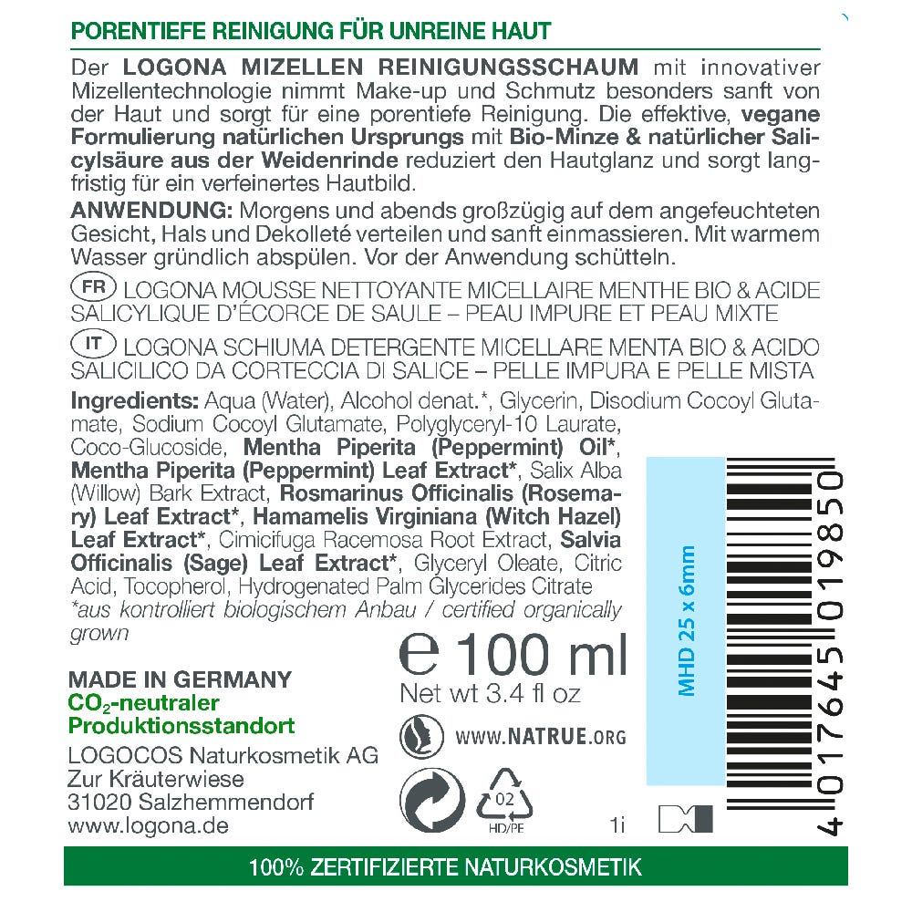 LOGONA Mizellen Reinigungsschaum Bio-Minze & Salicylsäure 100 ml