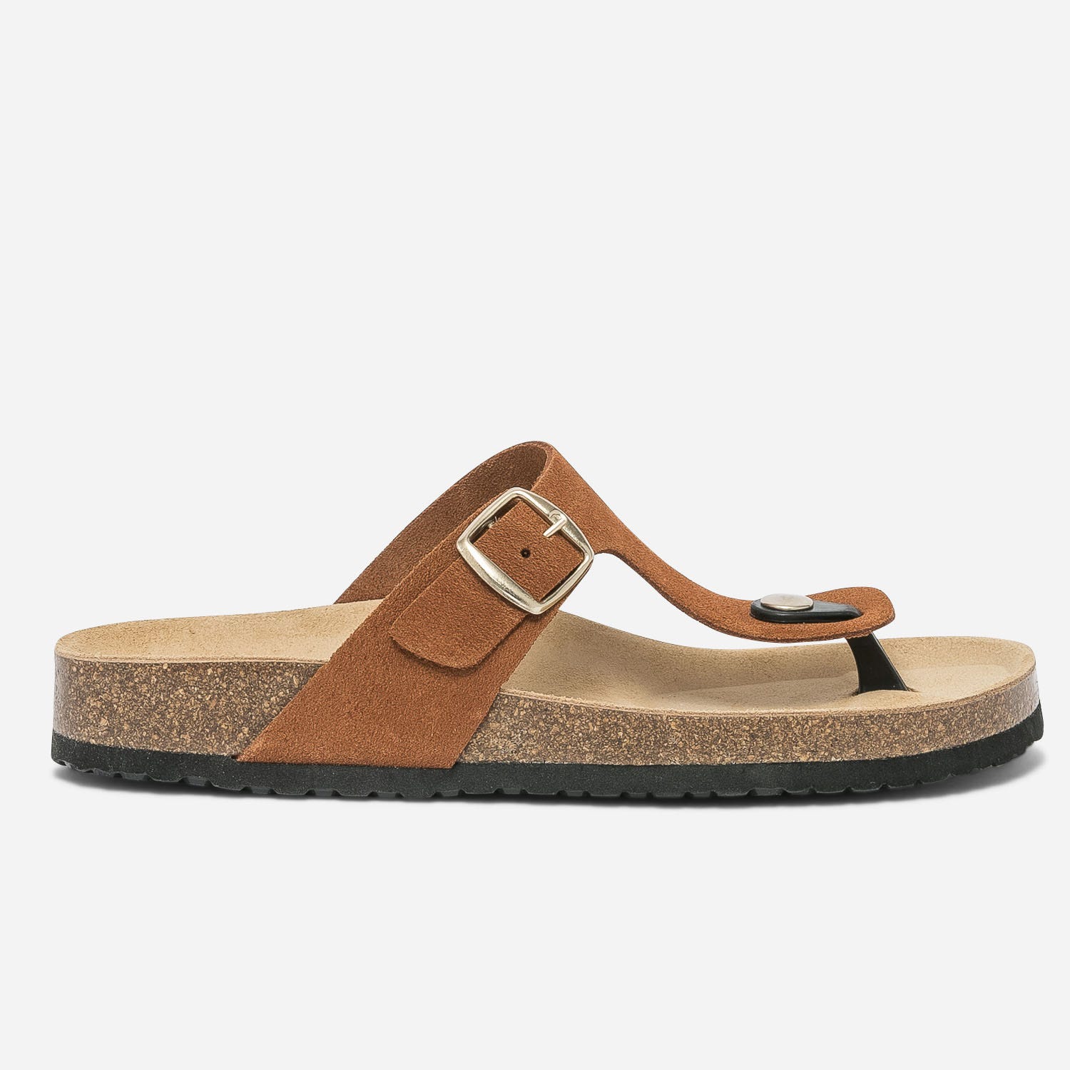 Mule-tong anatomique camel foncé en cuir velours