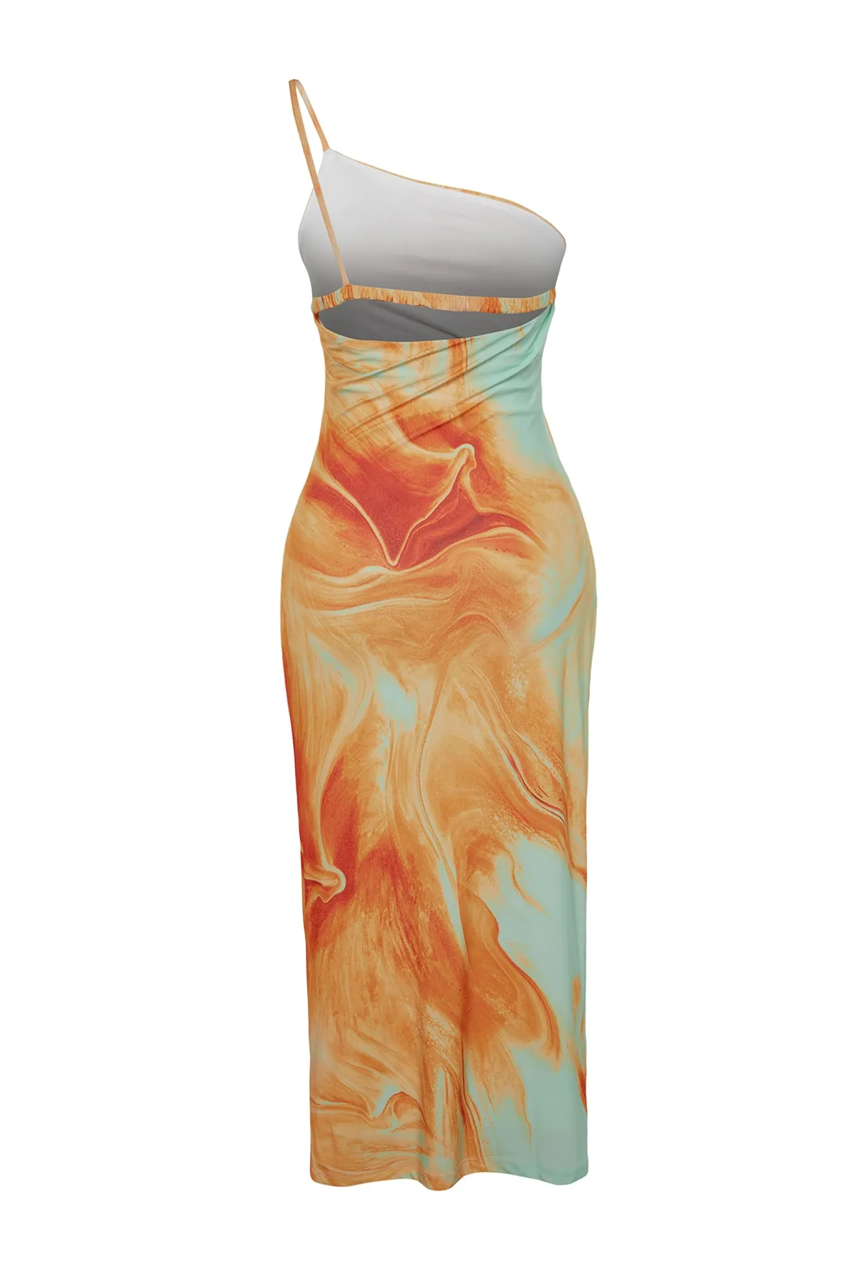 Trendyol Collection  Orange bedrucktes tailliertes Midi-Bleistiftkleid mit One-Shoulder-Träger und elastischem Strick TWOSS23EL01577