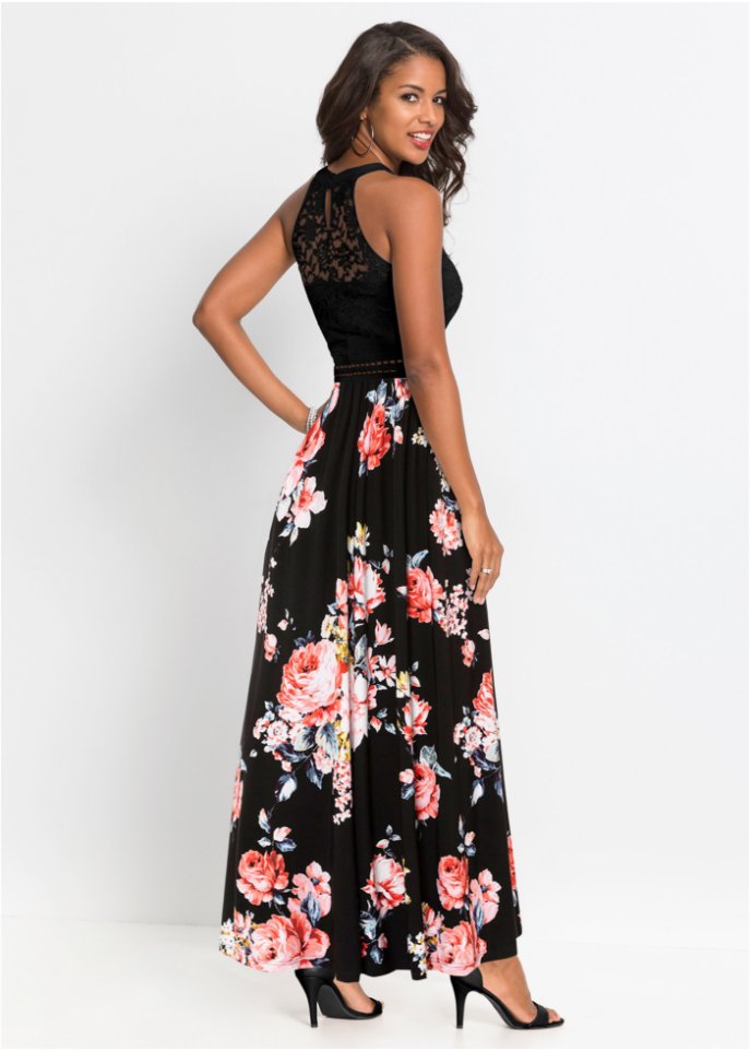 Sommer-Maxikleid mit Blumen-Print und Spitze