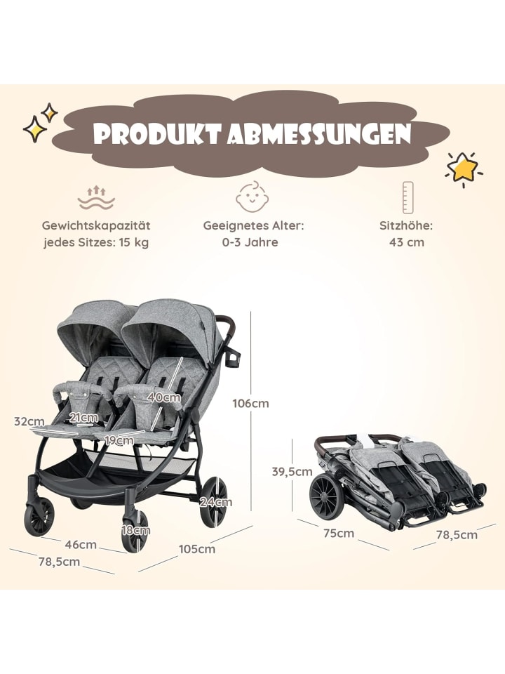 COSTWAY Geschwisterwagen Zwillingswagen klappbar bis 3 Jahre in Grau günstig kaufen onesize
