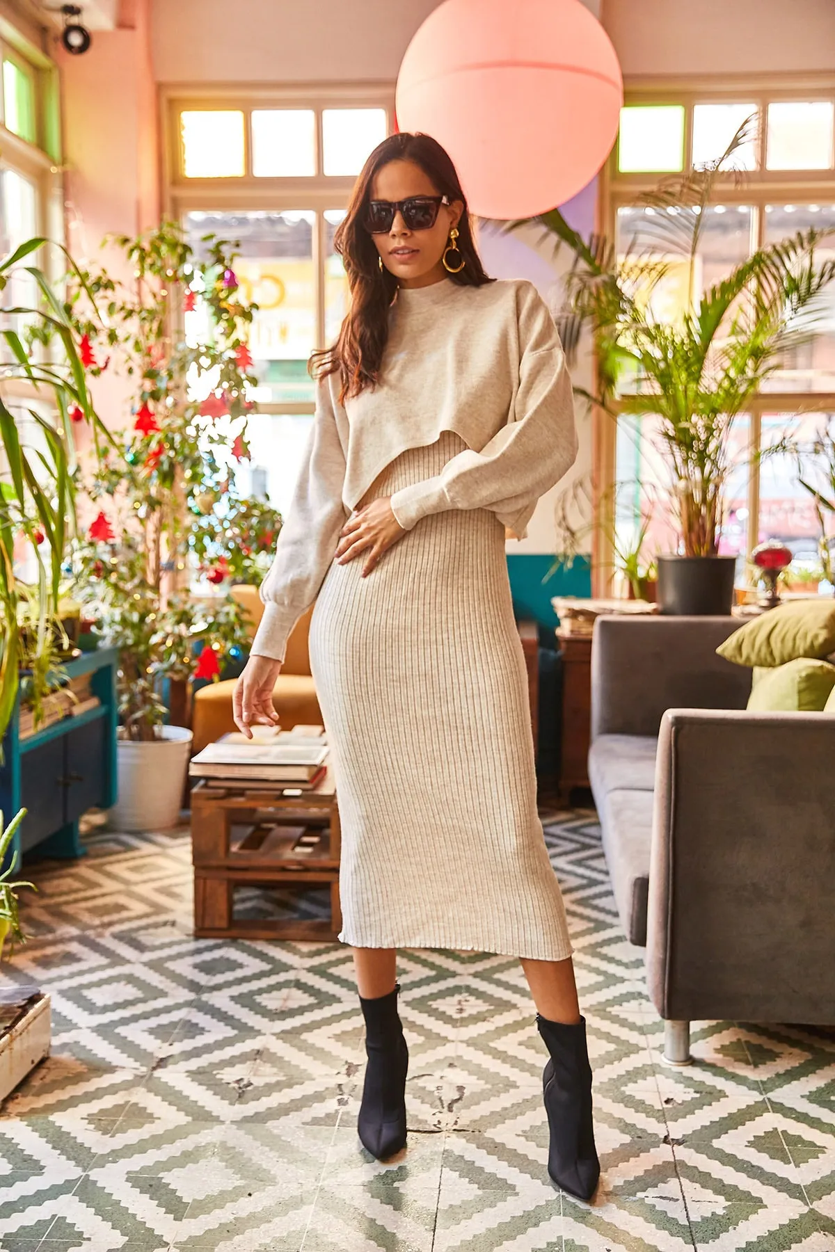 Olalook  Damen Strickwaren-Set mit Oberteil und kurzem Pullover sowie Trägerkleid in Steinoptik TKM-19000176
