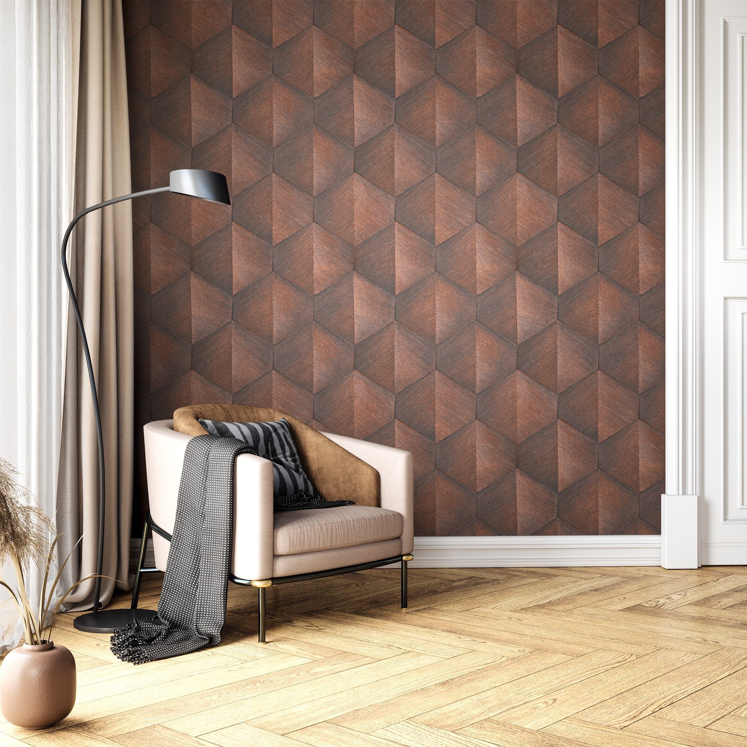 Newroom Vliestapete, Braun Tapete Modern 3D-Optik - Mustertapete Streifentapete Kupfer Schwarz Grafisch Geometrisch Raute Linien für Wohnzimmer Schlafzimmer Küche