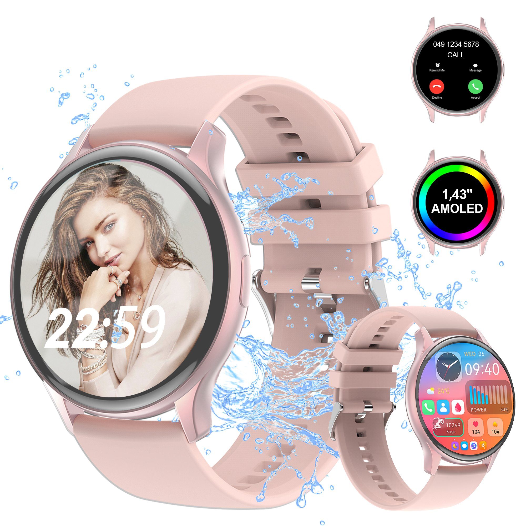 Mutoy Smartwatch für Damen Herren, Fitness Tracker Uhr Smartwatch (1,43 Zoll Runde AMOLED Touchscreen Zoll) Telefon Uhr mit Anruffunktion, IP68 Wasserdicht Fitness Uhr mit, Pulsmesser Schrittzähler Schlafmonitor Stoppuhr Musiksteuerung, Aktivitätstra