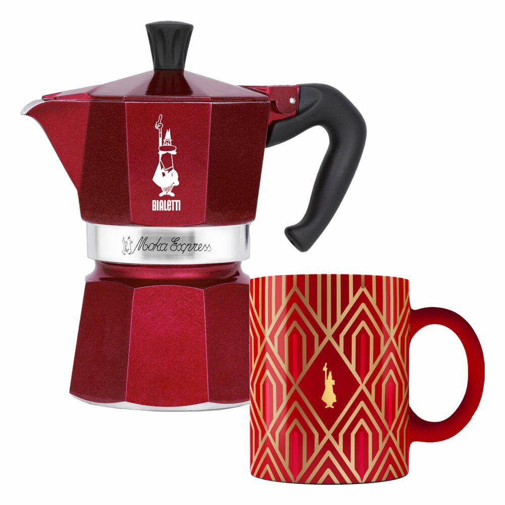 BIALETTI Espressokocher Deco Glamour Moka Express 3 Tassen mit 1 Becher