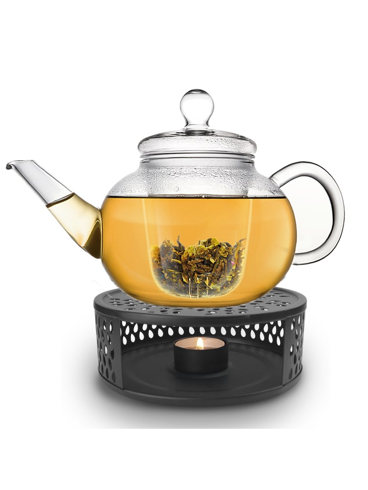 Creano Teekanne 1,2l bauchig   Edelstahl-Stövchen „Leaf schwarz“ im Set günstig kaufen onesize