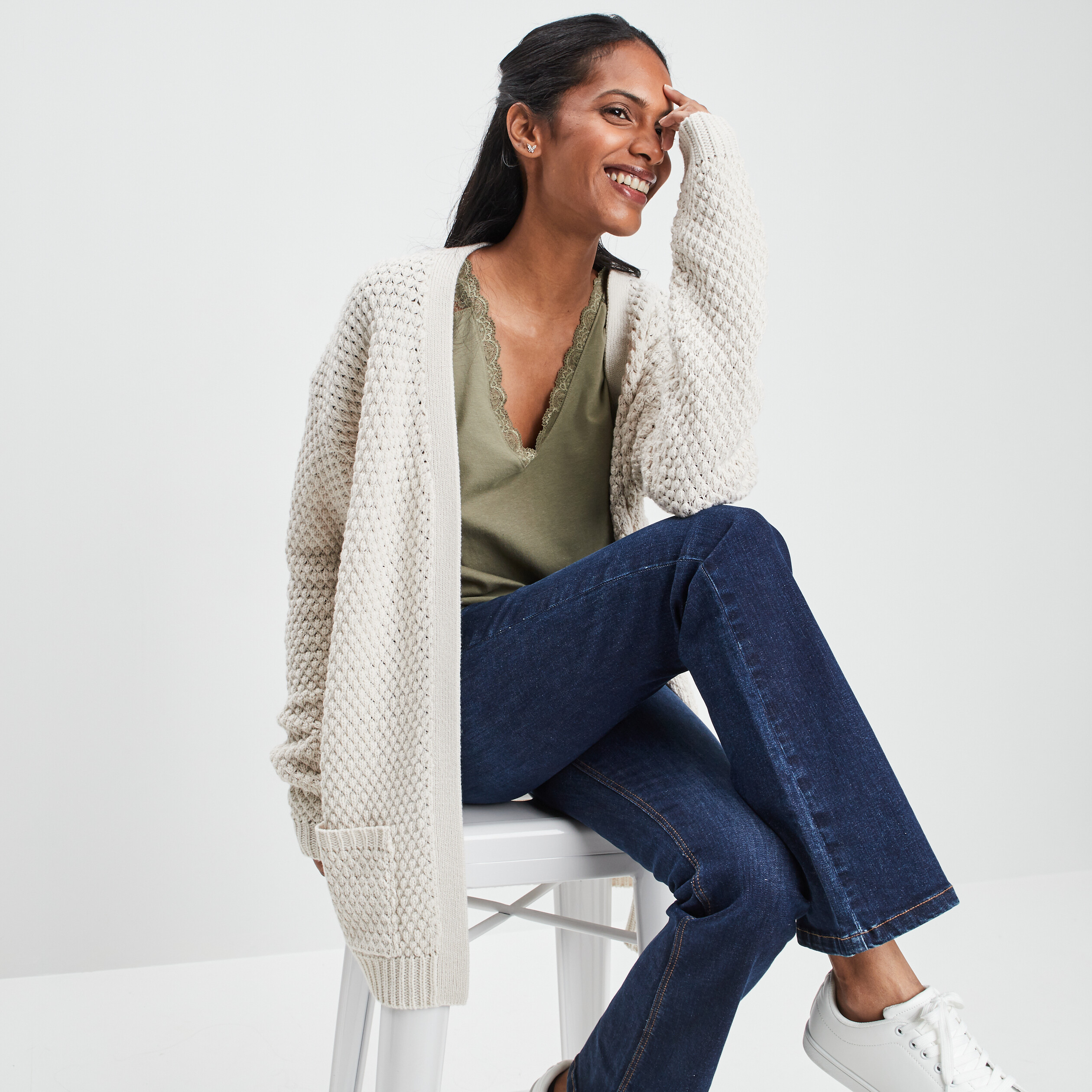 Gilet long manches longues ivoire femme | La Halle