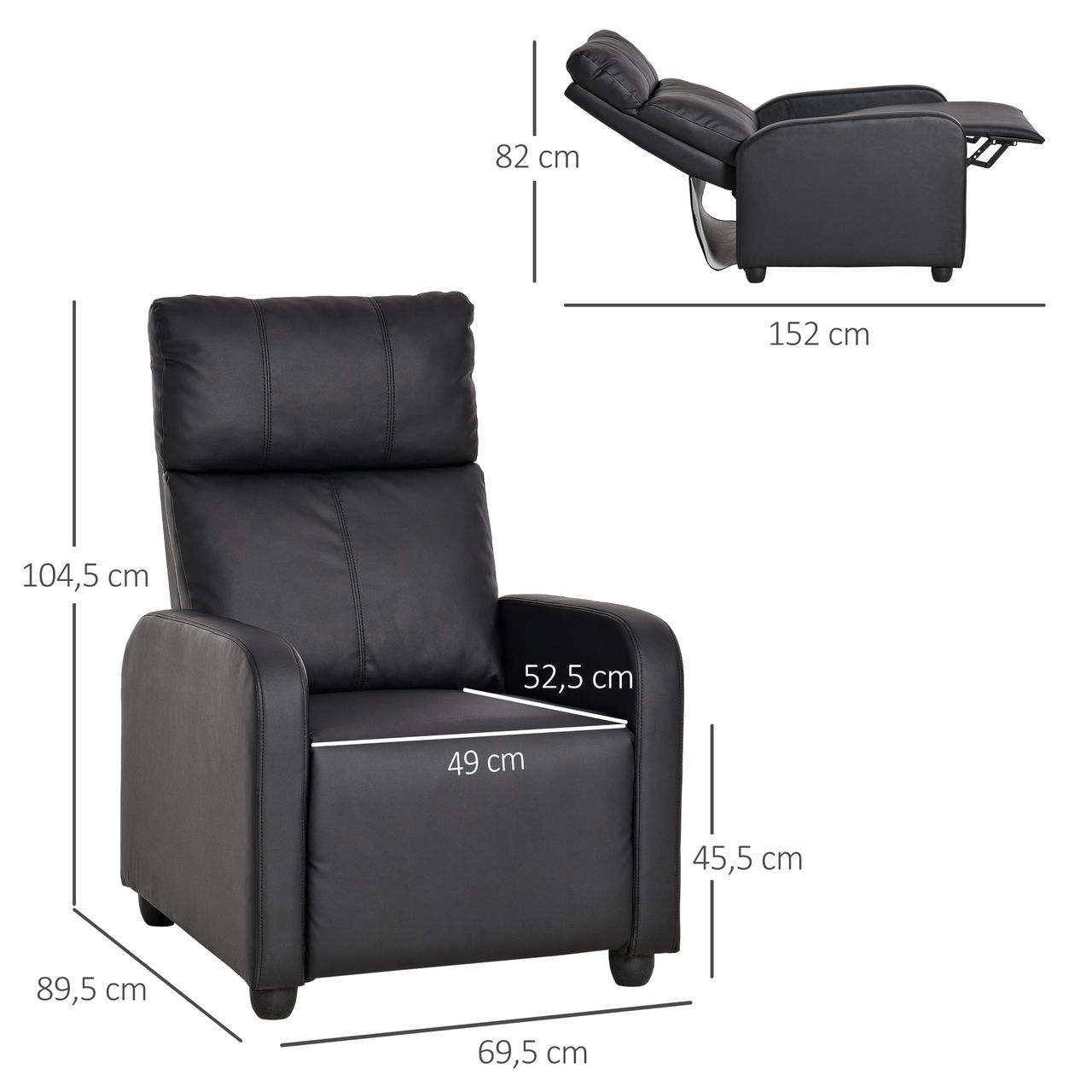 HOMCOM Relaxsessel Ruhesessel Fernsehsessel Sessel mit Liegefunktion Kunstleder (Schwarz)