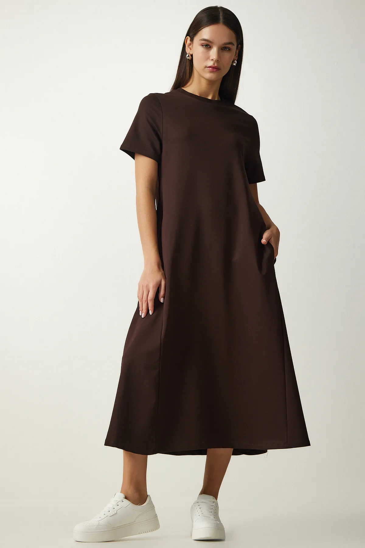 Happiness İstanbul  Braunes A-Linien-Sommerkleid für Damen aus gekämmter Baumwolle UB00060