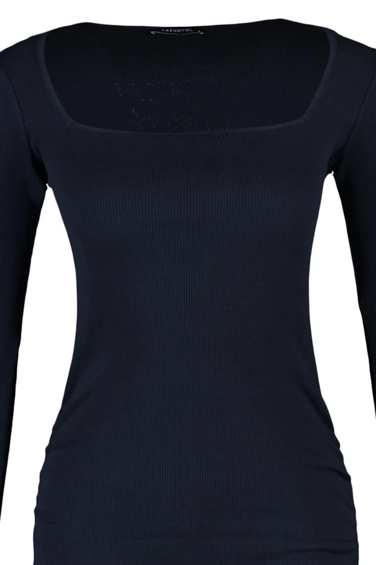 Trendyol Collection  Schwarzes, tailliertes, geripptes, flexibles Strick-Bleistiftkleid mit Mini-Kragen und Raffung TWOAW23EL01396