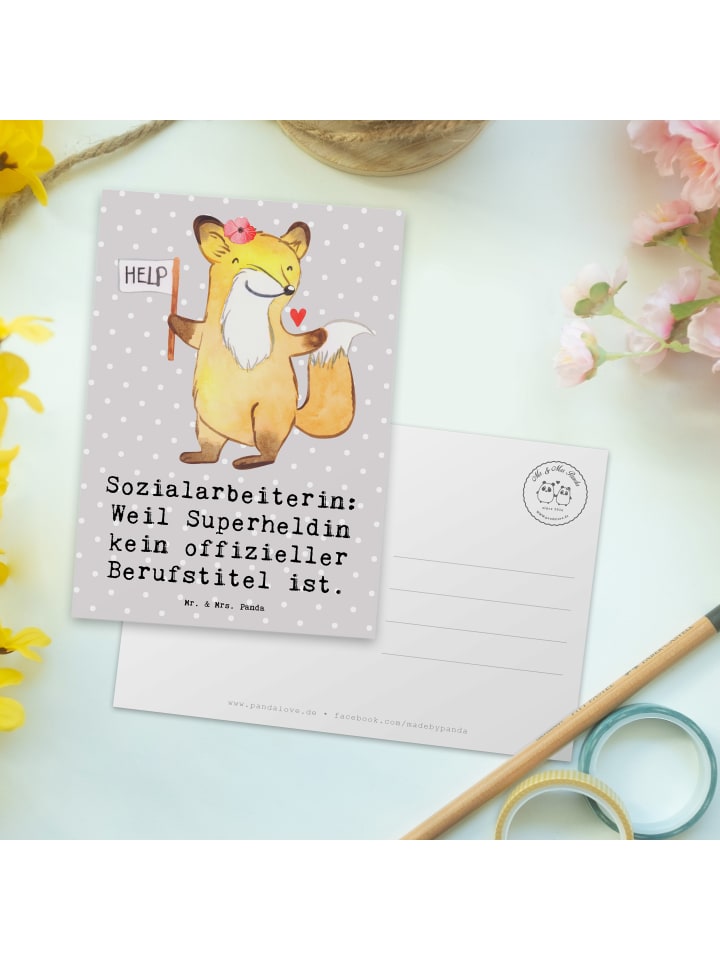 Mr. & Mrs. Panda Postkarte Sozialarbeiterin Heldin mit Spruch in Grau Pastell günstig kaufen onesize