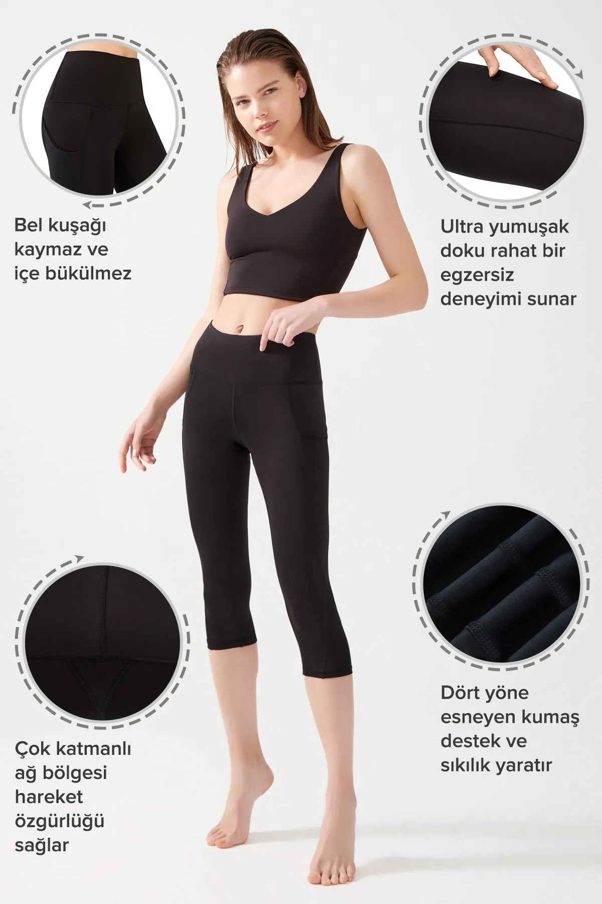 LOS OJOS  Schwarze Damen-Capri-Leggings mit hoher Taille und doppelter Tasche unterhalb des Knies