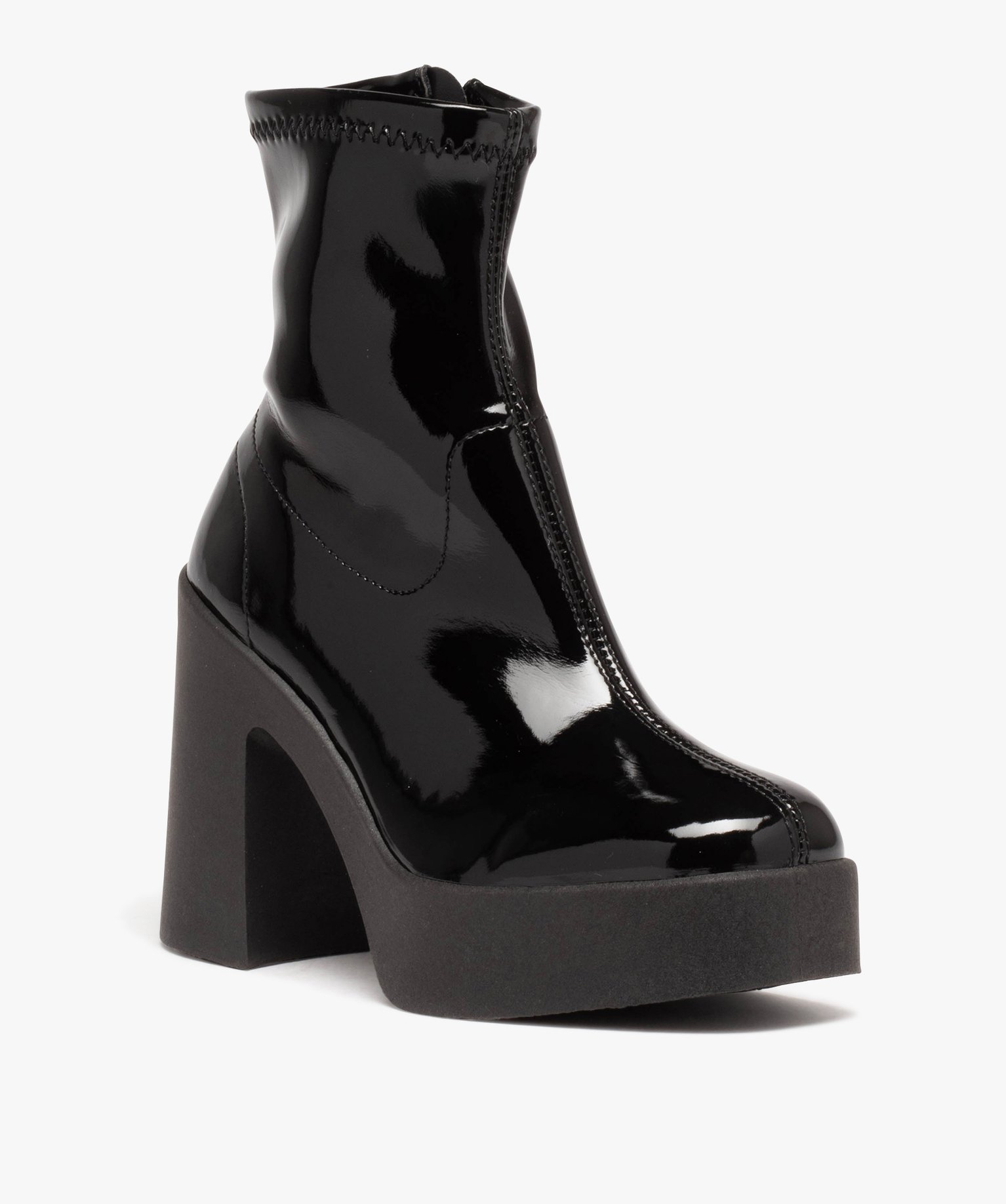 Boots femme vernies à talon flare avec col ajusté et bout ... noir | GEMO